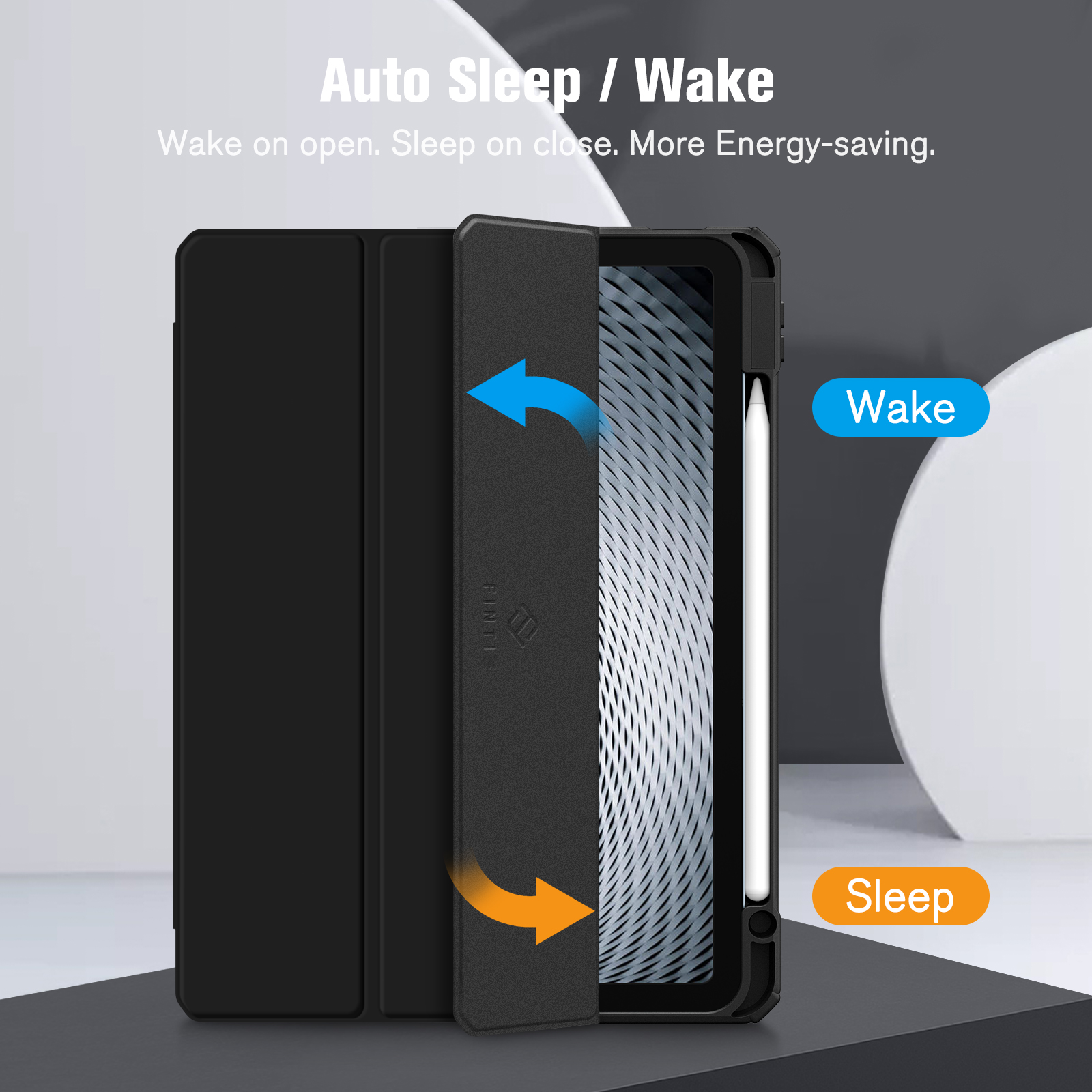 Tablet in schwarzer Hülle, teilweise geöffnet. Pfeile zeigen 'Wake' und 'Sleep'. Weißer Hintergrund.