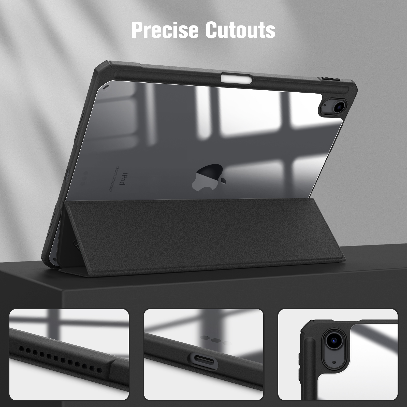 Schwarze iPad-Hülle mit präzisen Aussparungen, einem Ständer und Detailaufnahmen.