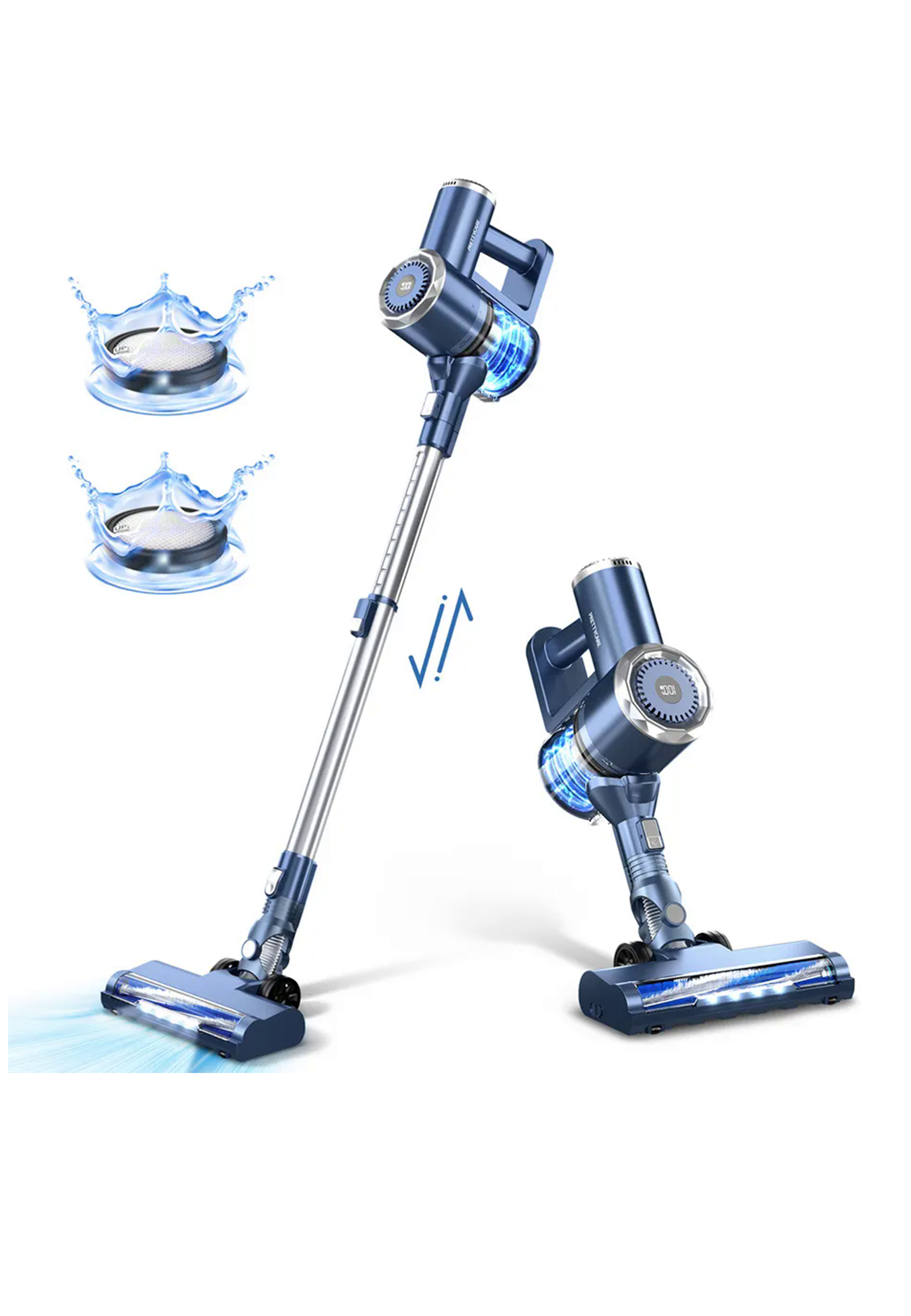 Blauer kabelloser Staubsauger, zwei Wasserspritzer-Symbole auf weißem Grund.
