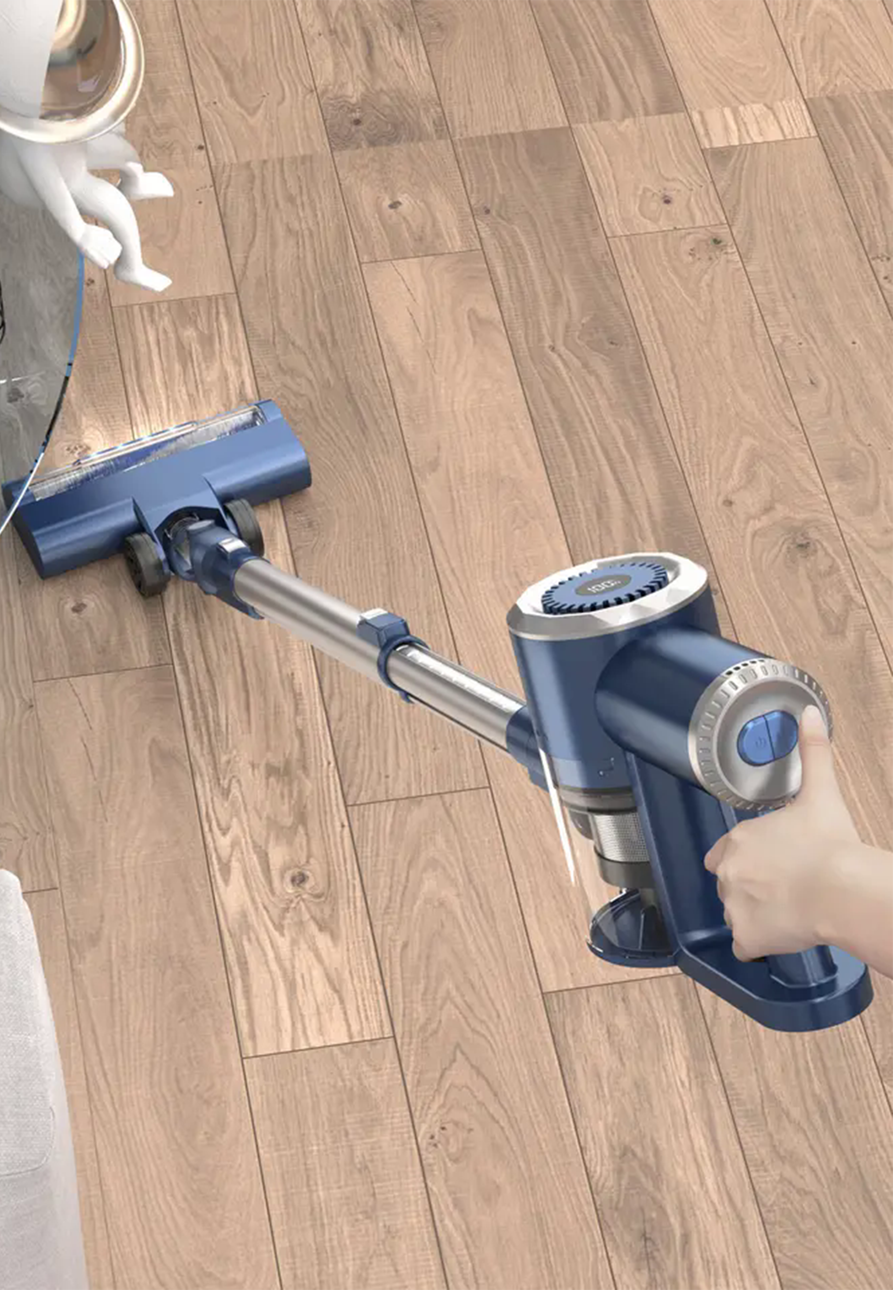 Blauer und silberner kabelloser Staubsauger auf Holzboden, Hand am Griff.