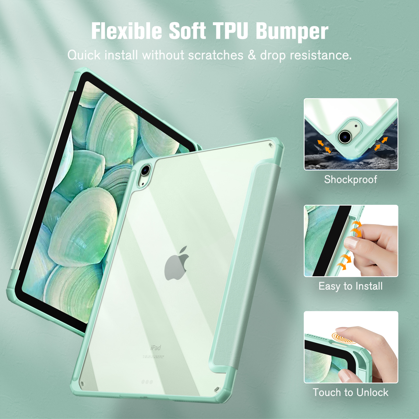 iPad mit klarer, mintfarbener Hülle, mit Installationsdiagrammen rechts.