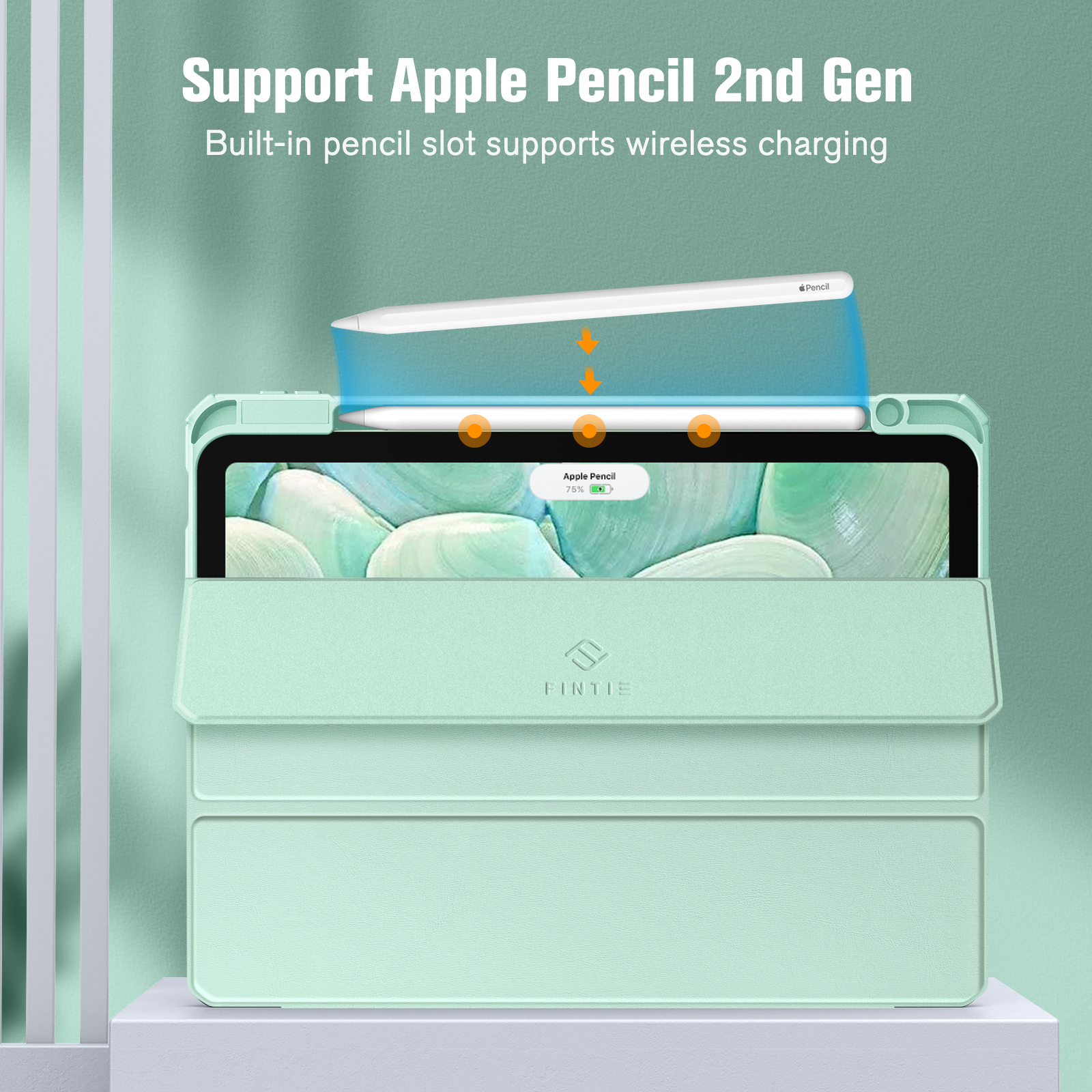 Minzgrüne iPad-Hülle mit Stift, unterstützt kabelloses Laden. Text: 'Support Apple Pencil'.