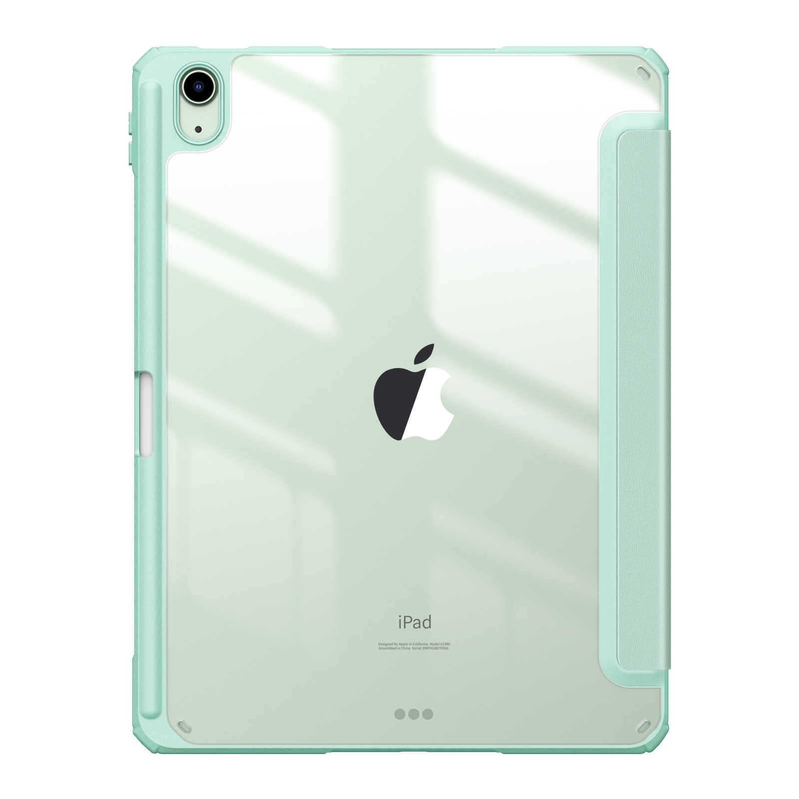 Grüne Tablethülle mit durchsichtigem Rücken. Der Rücken hat ein Apple-Logo.