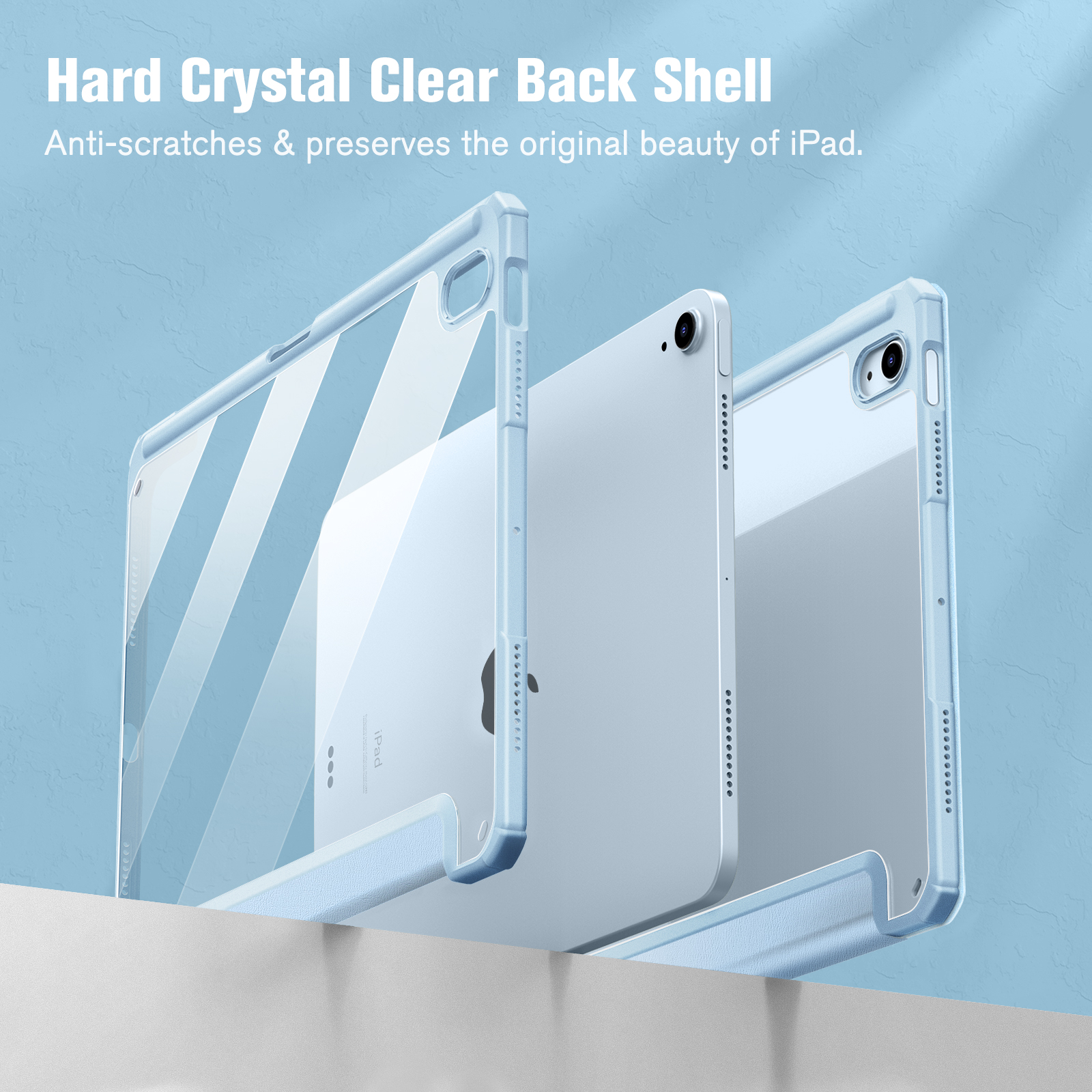 Drei transparente iPad-Hüllen auf blauem Hintergrund. Text sagt: Hard Crystal Clear Back Shell.