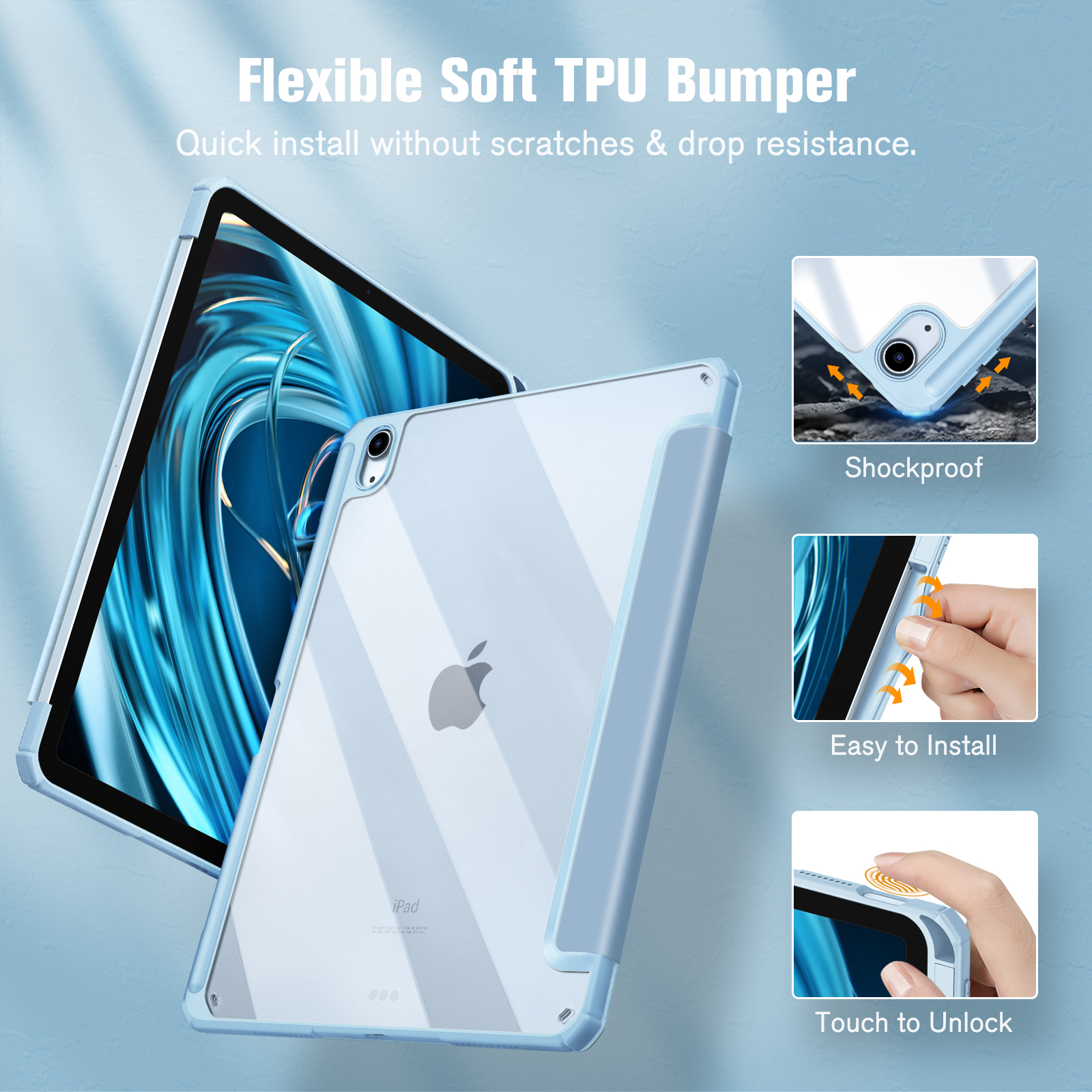 Eine hellblaue iPad-Hülle mit durchsichtigem Rücken, die das Gerät und seine Funktionen zeigt.