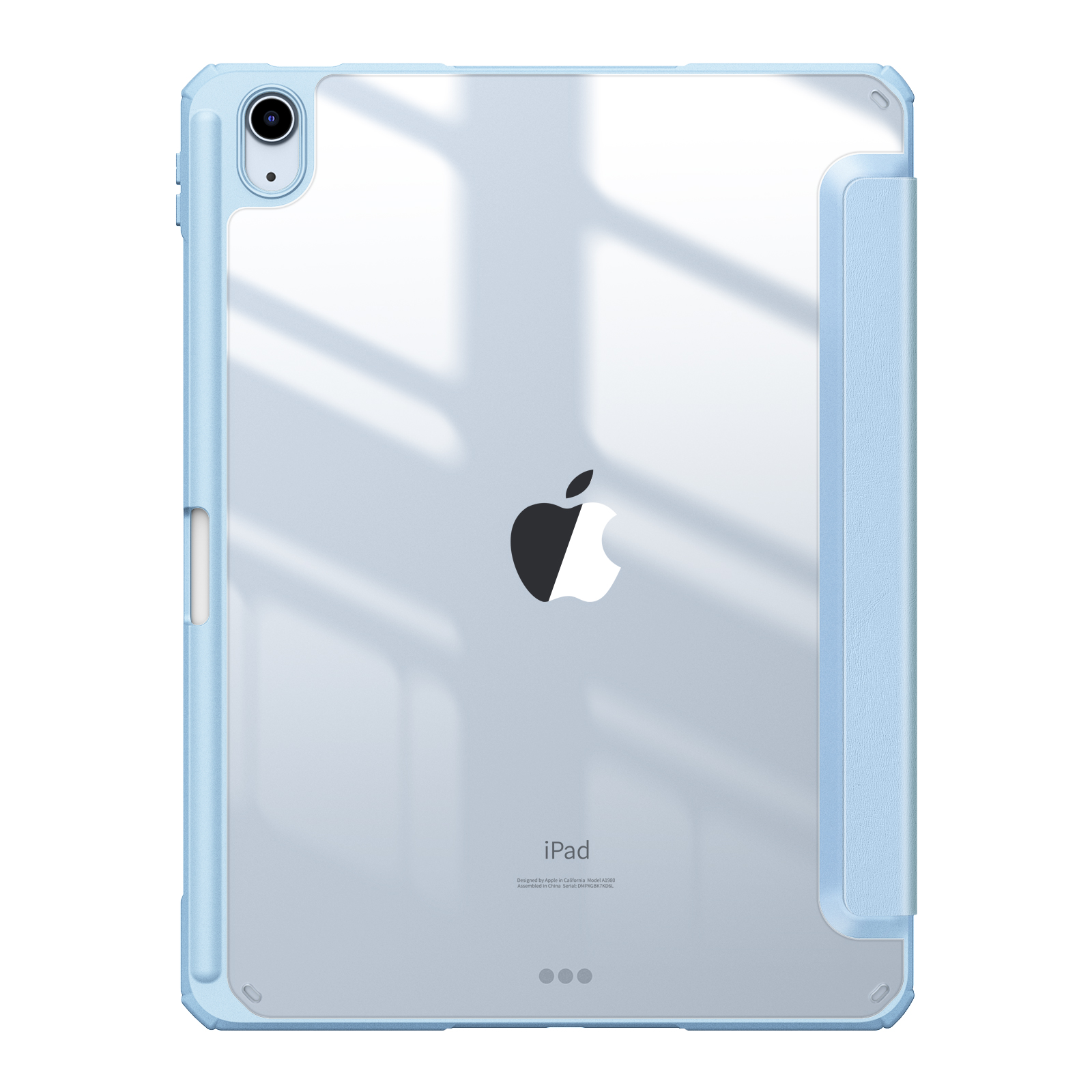Blaue iPad-Hülle mit durchsichtigem Rücken, Apple-Logo und Seitenhalter.
