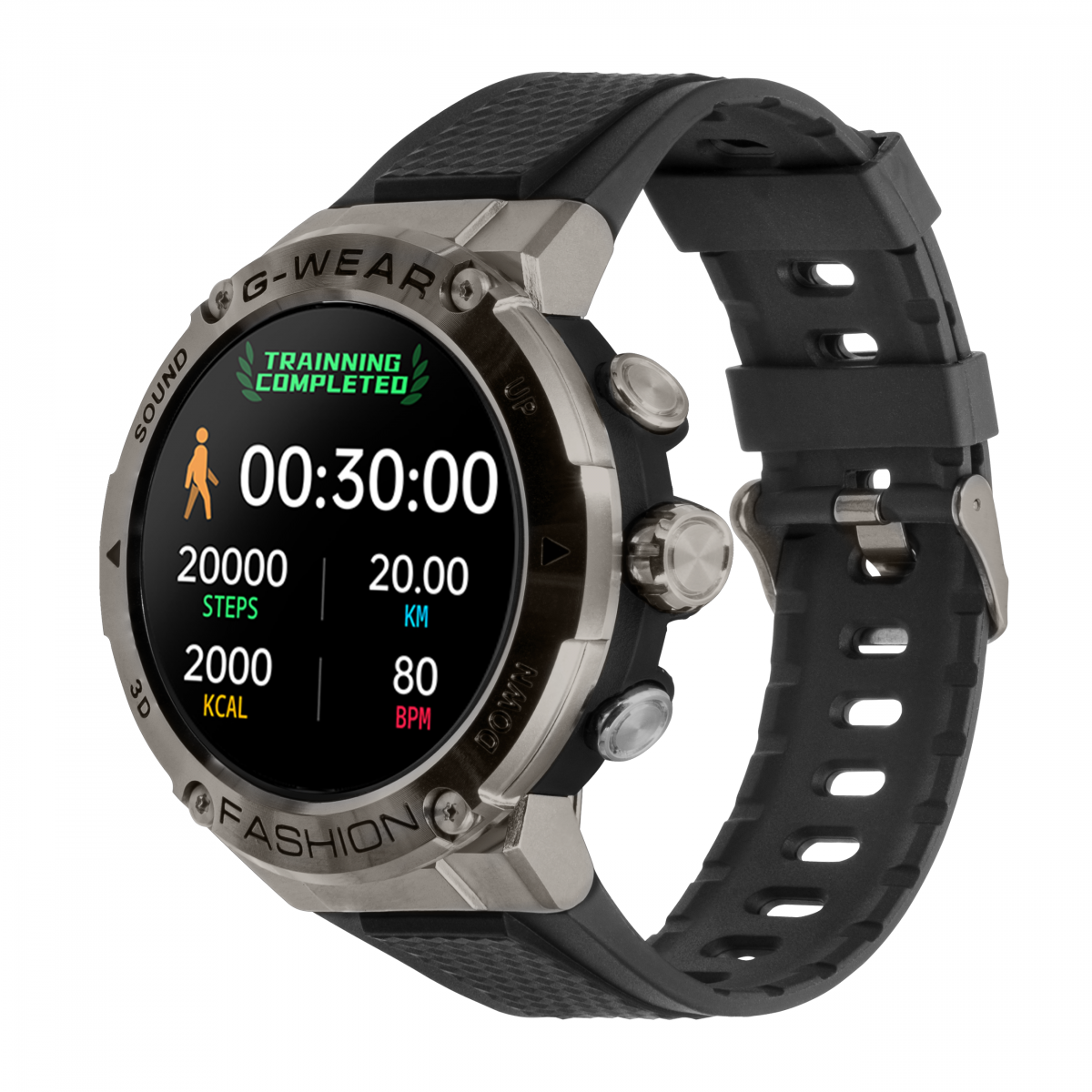 Smartwatch z czarnym paskiem. Ekran pokazuje statystyki treningu: czas, kroki, km, kcal i BPM.