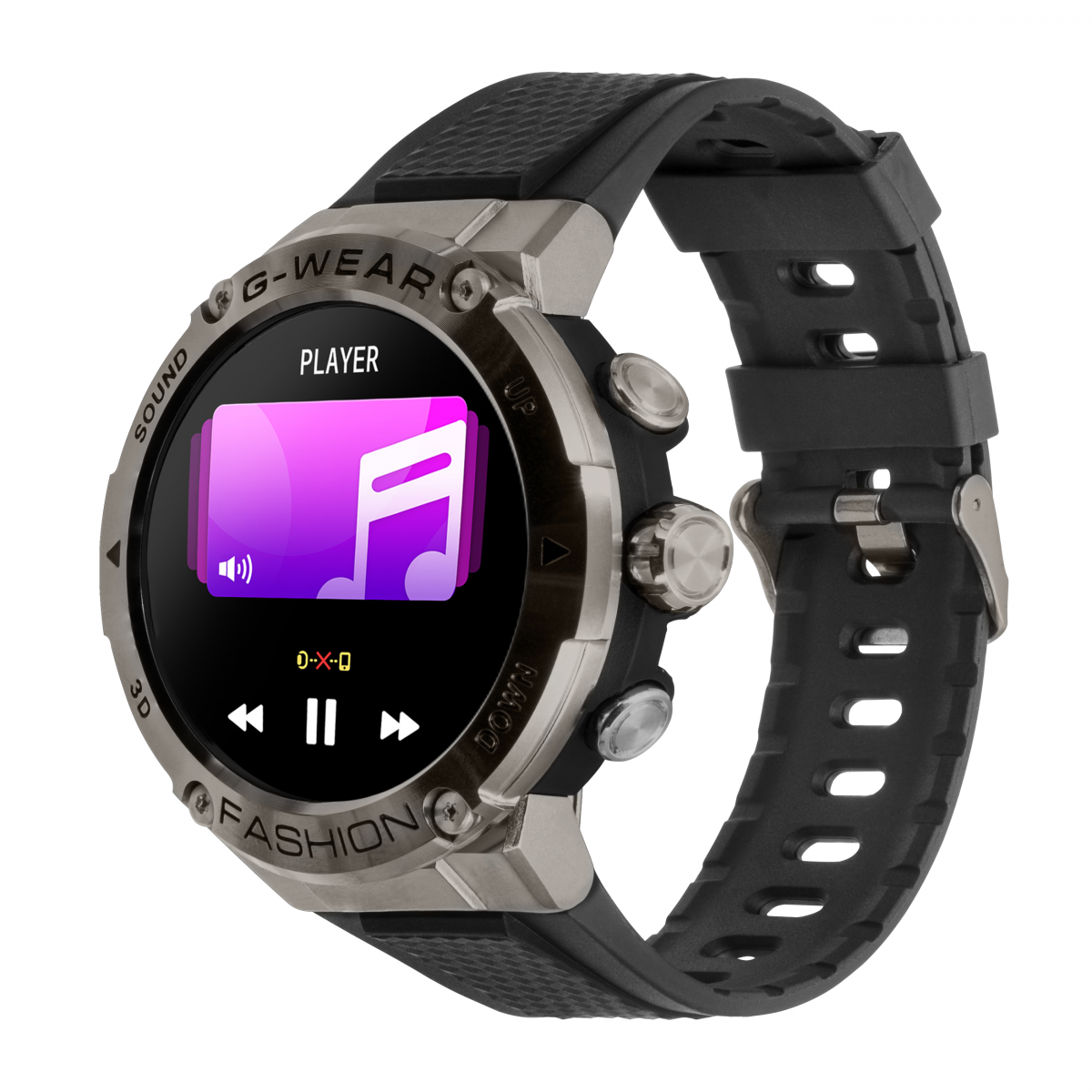 Czarny i srebrny smartwatch z czarnym paskiem. Wyświetla interfejs odtwarzacza muzyki na ekranie.