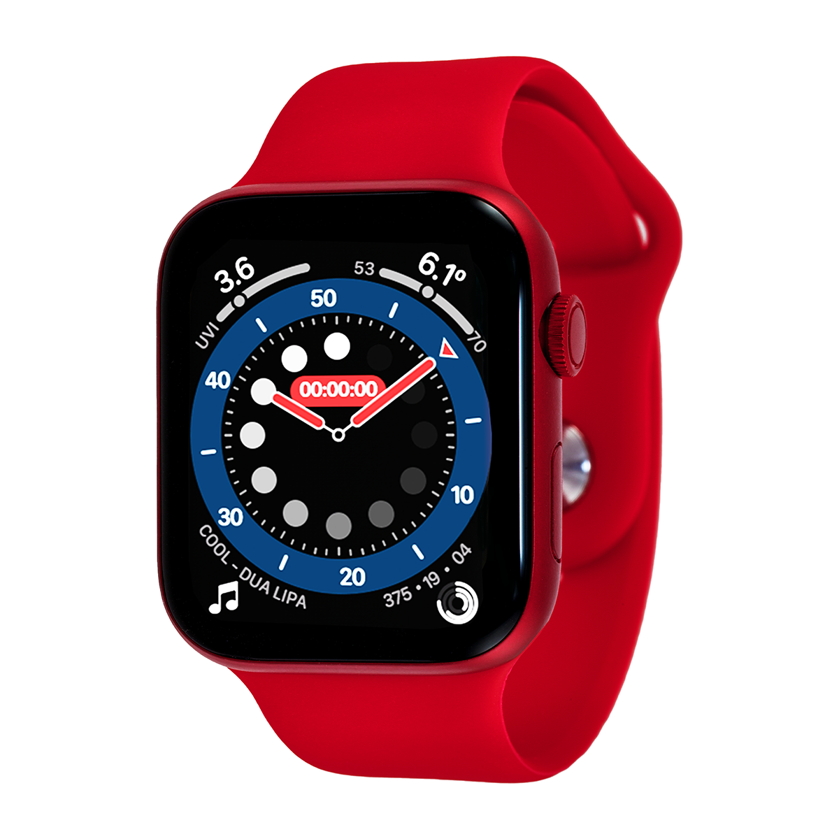 Rote Smartwatch mit schwarzem Bildschirm, der ein Zifferblatt anzeigt, mit rotem Armband.