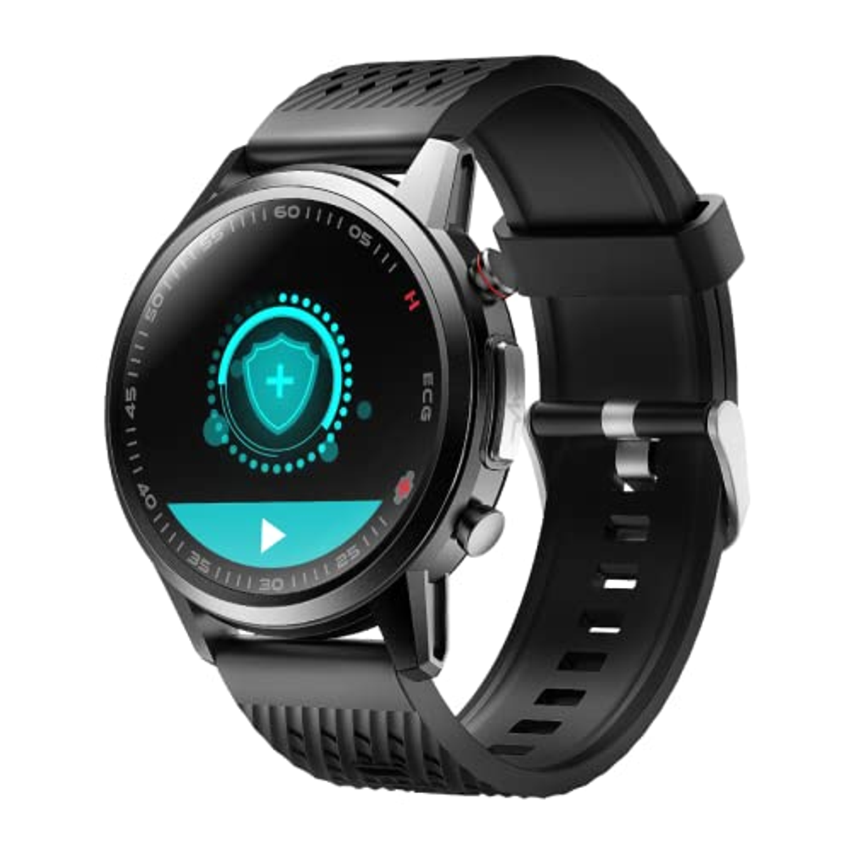 Czarny smartwatch z okrągłą tarczą. Wyświetla interfejs aplikacji zdrowotnej.