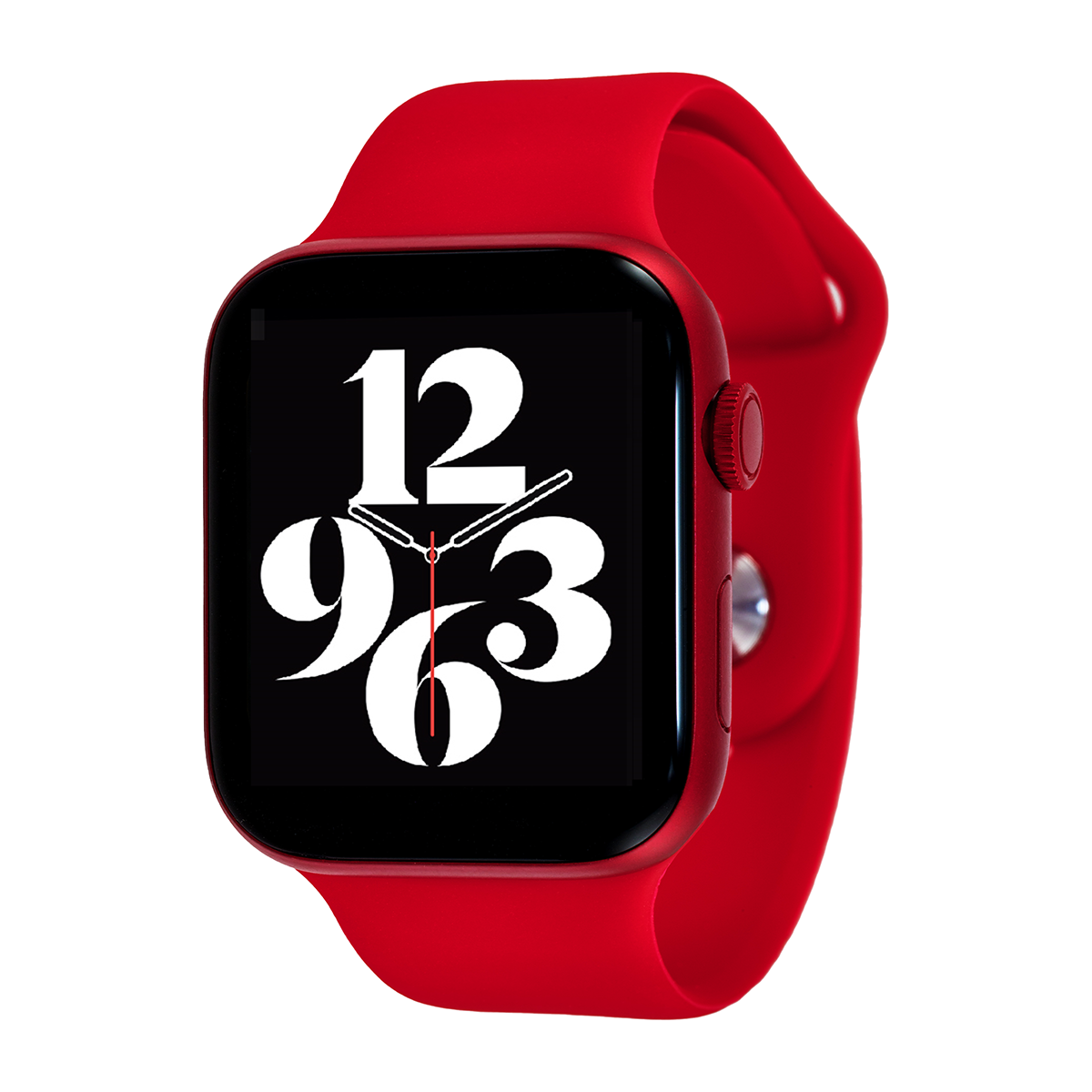 Rote Apple Watch. Schwarzes Display mit weißen Ziffern, rotes Armband. Digitale Zeit: 12:00, 9:3, 6:3.