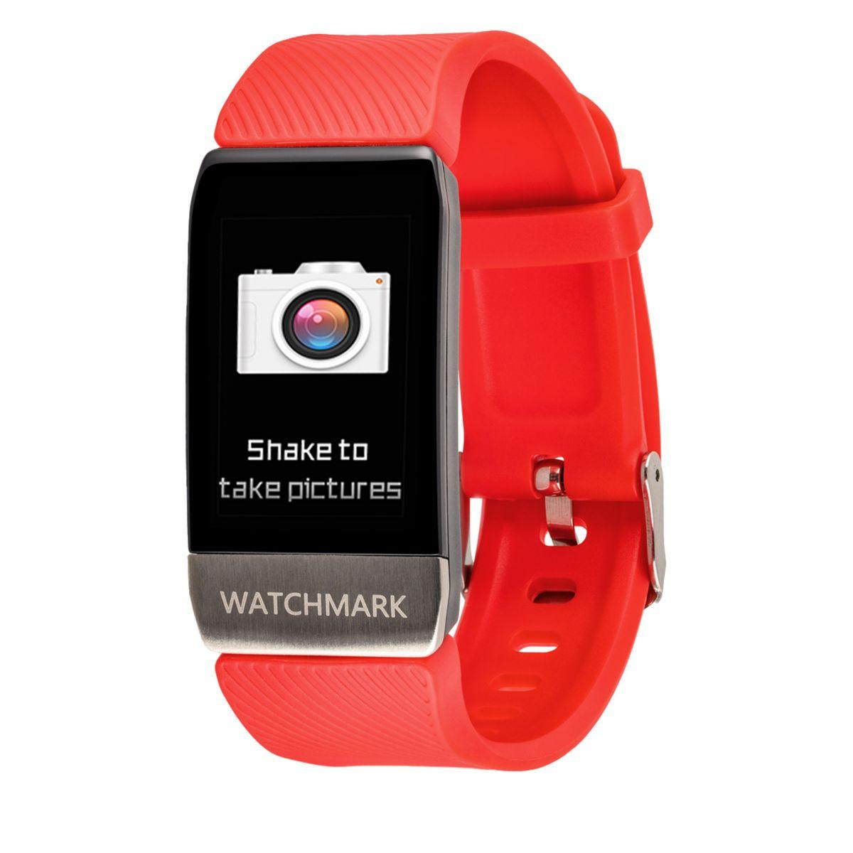 Czerwony smartwatch z czarnym ekranem, który wyświetla ikonę aparatu. Zegarek mówi: 'potrząsnąć'.