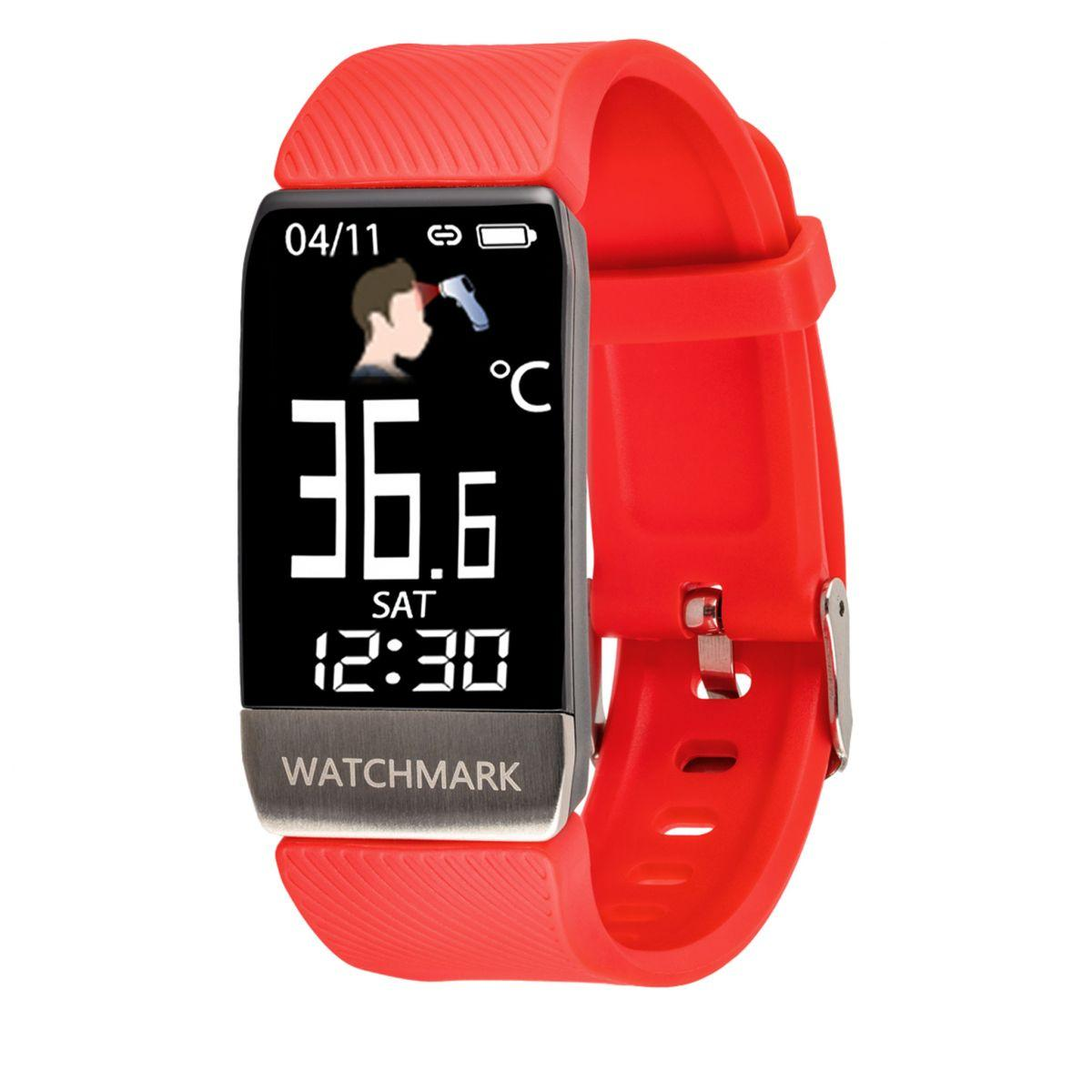 Czerwony smartwatch wyświetlający temperaturę 36,6°C, datę i godzinę.