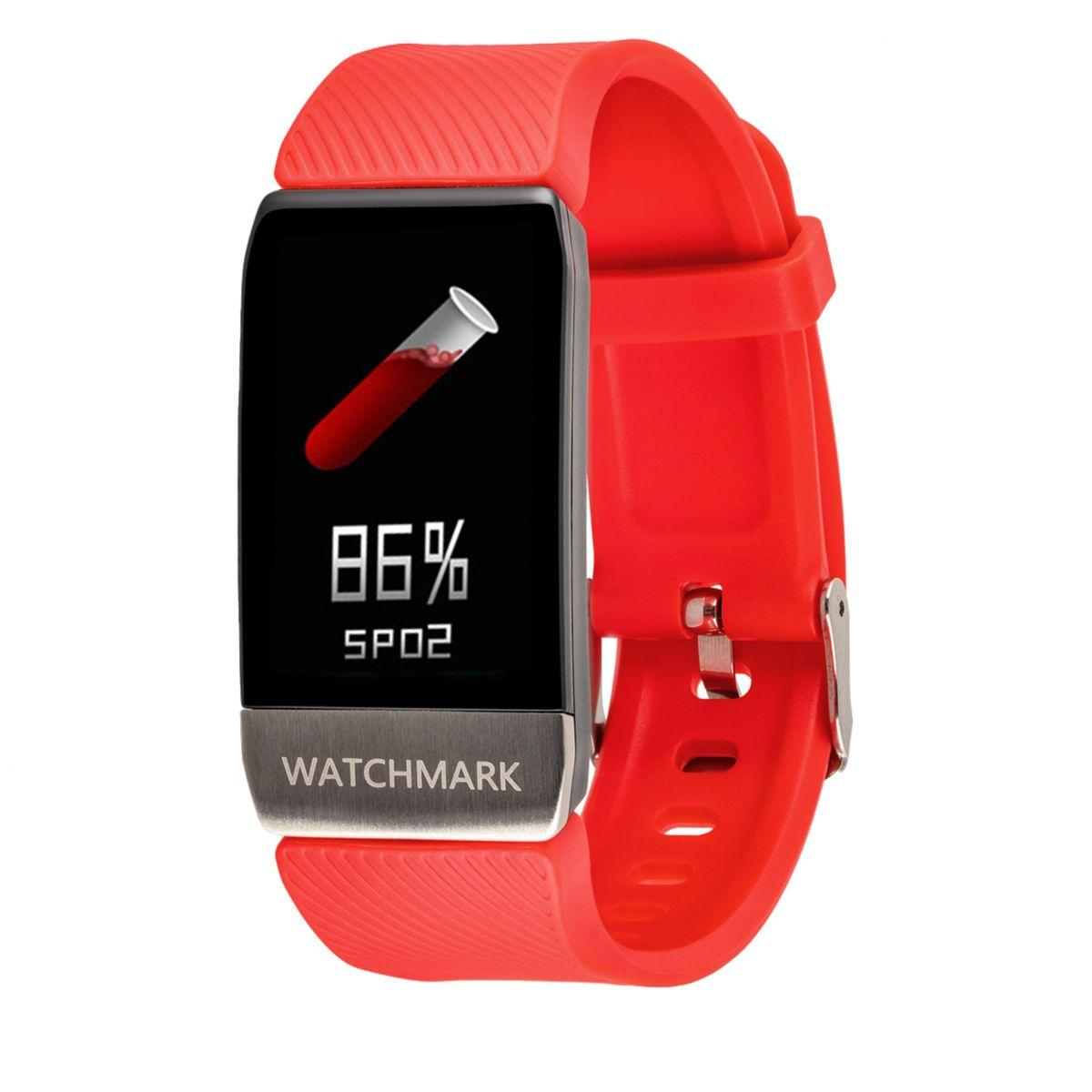 Czerwony smartwatch z ikoną testu krwi. Wyświetla 86% SPO2. Srebrna etykieta Watchmark.