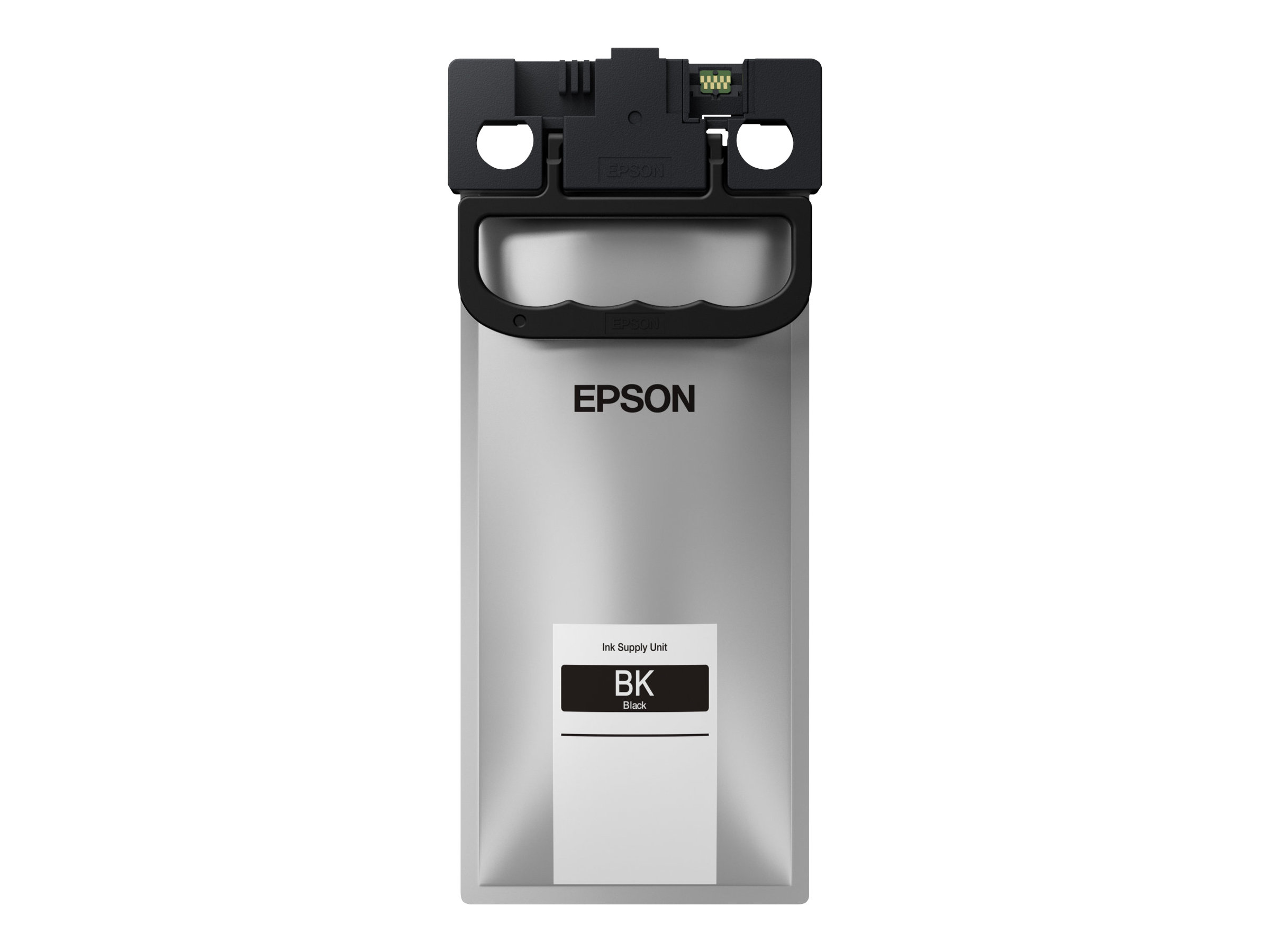 Schwarze Epson Tintenversorgungseinheit. Weißer Hintergrund.
