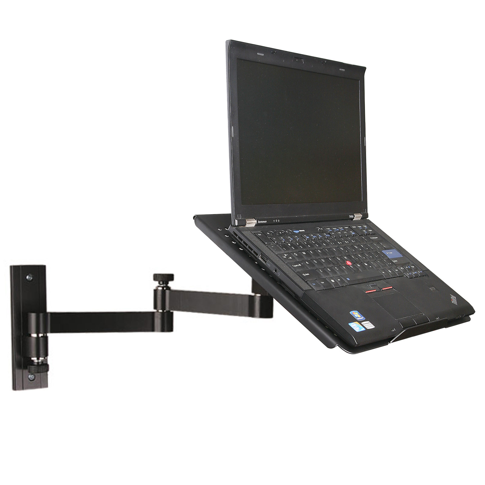 Schwarzer Laptop auf schwarzer Wandhalterung, verstellbarer Arm, weißer Hintergrund.