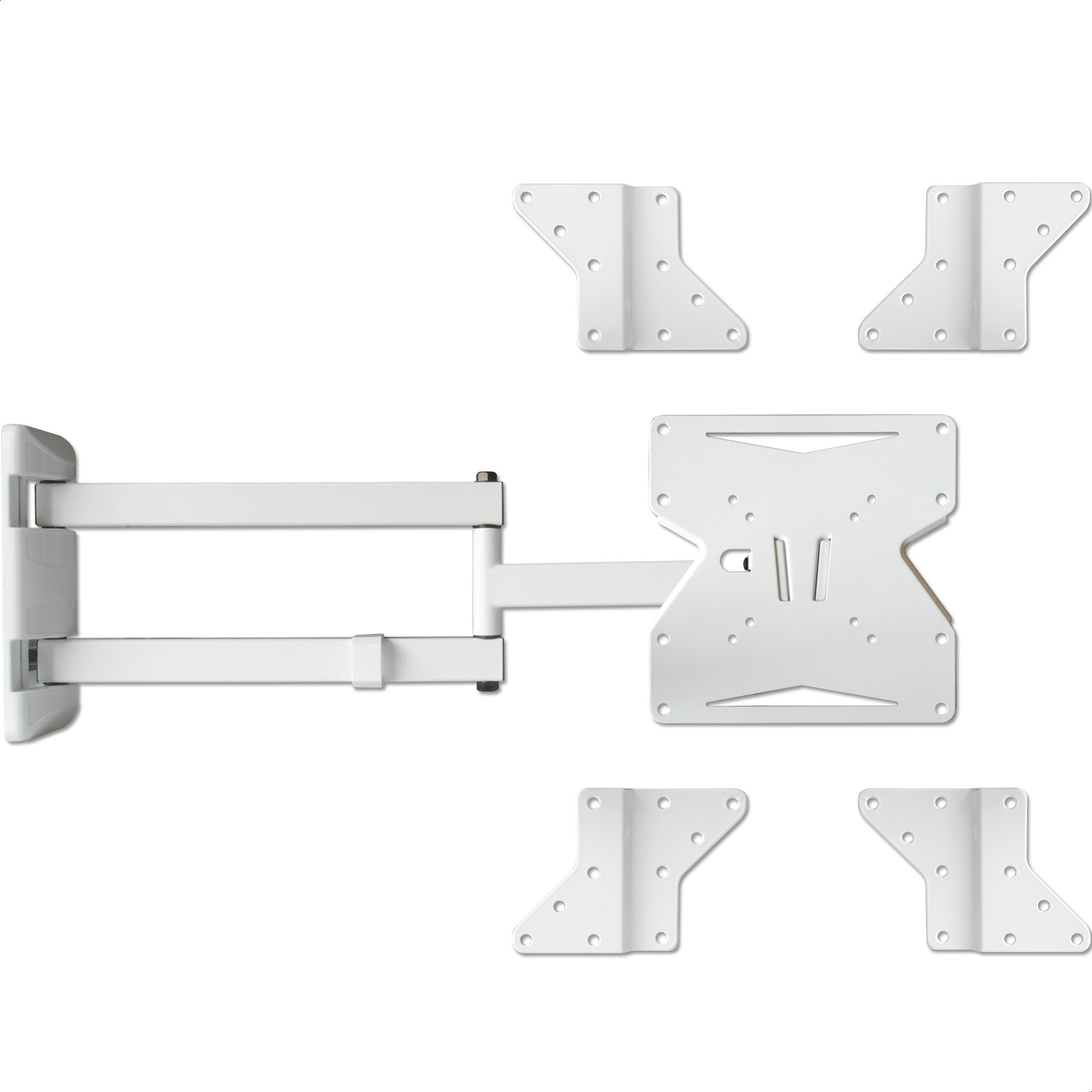 Weißes TV-Wandhalterungs-Kit mit Gelenkarm und Montageplatten.