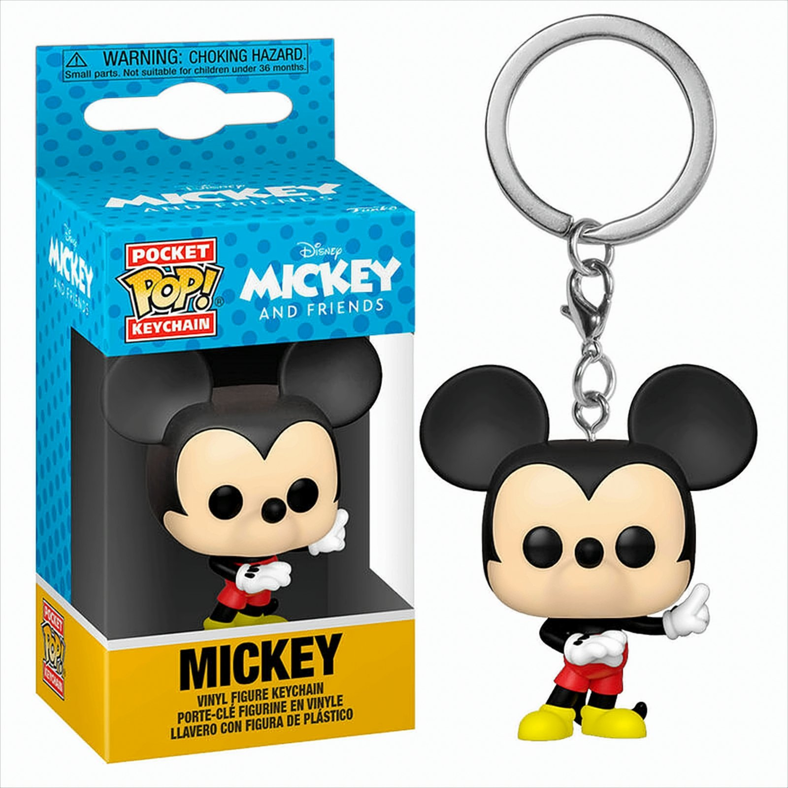 Mickey Mouse Schlüsselanhänger und seine Box mit einer Mickey Mouse Figur.