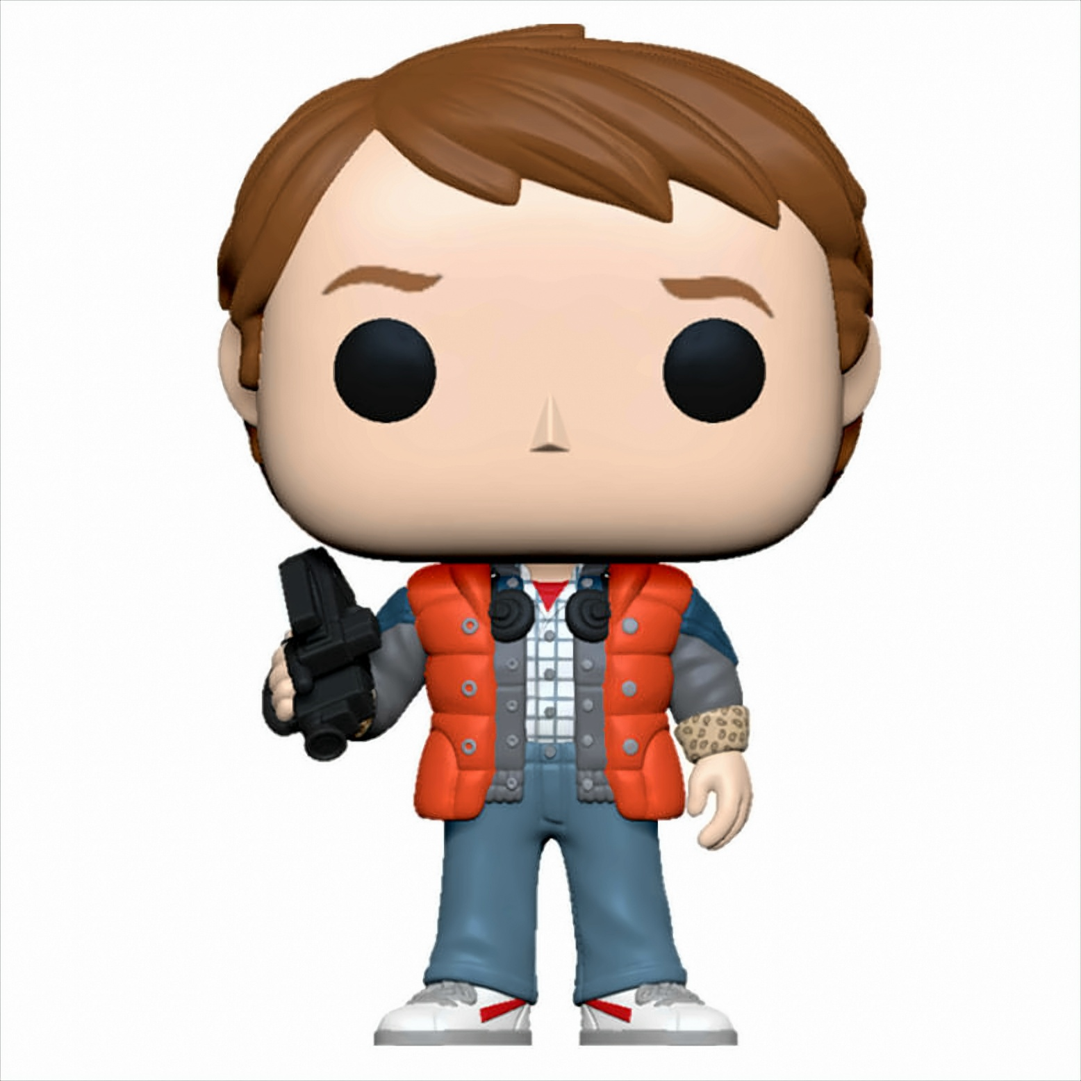 Figura Funko Pop de Marty McFly con pistola y chaleco naranja.