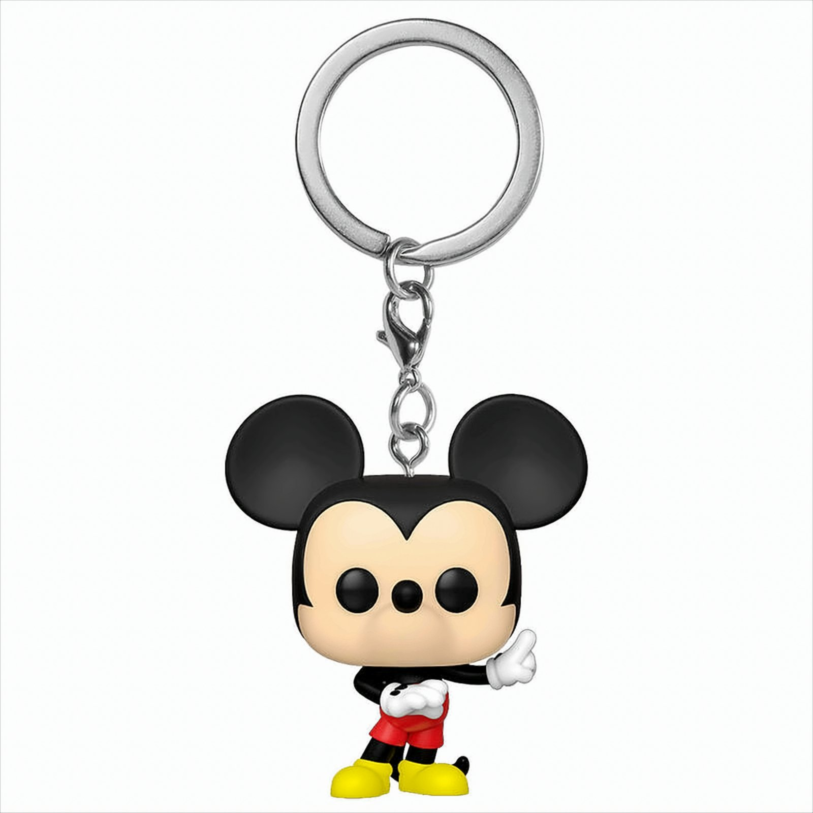 Mickey Mouse Schlüsselanhänger. Mickey ist schwarz mit schwarzen Ohren, roter Hose, gelben Schuhen, weißem Handschuh.