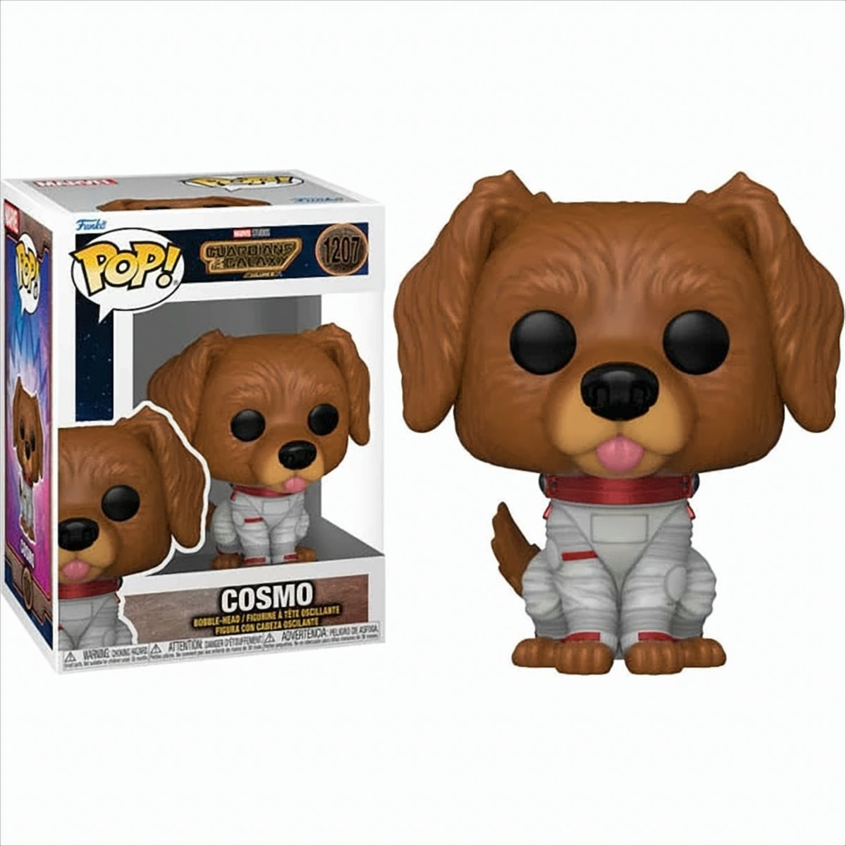 Cosmo Hundefigur aus Guardians of the Galaxy, in einer Box. Hund im Raumanzug.