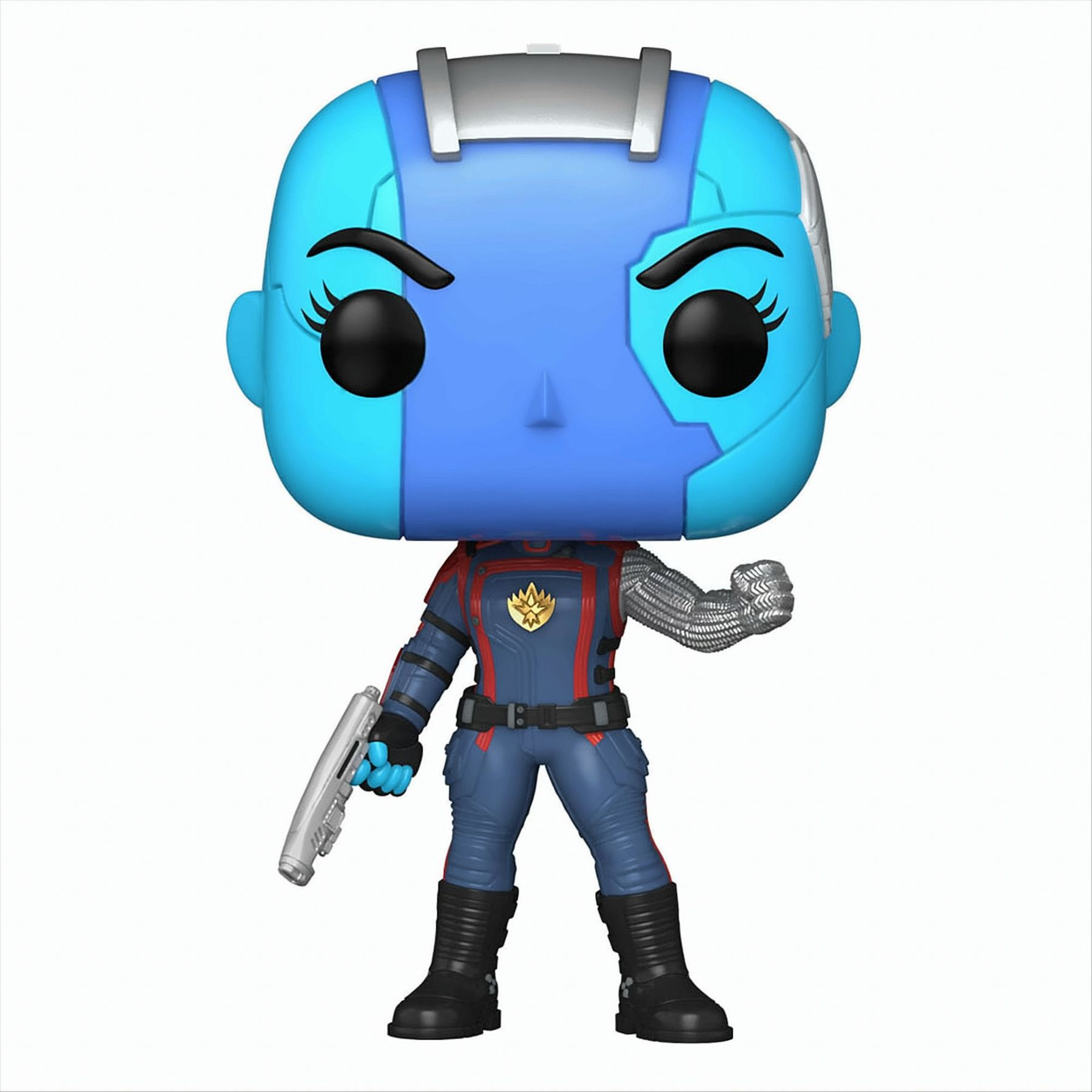Funko Pop von Nebula aus Guardians of the Galaxy. Sie hat blaue Haut und einen Roboterarm.