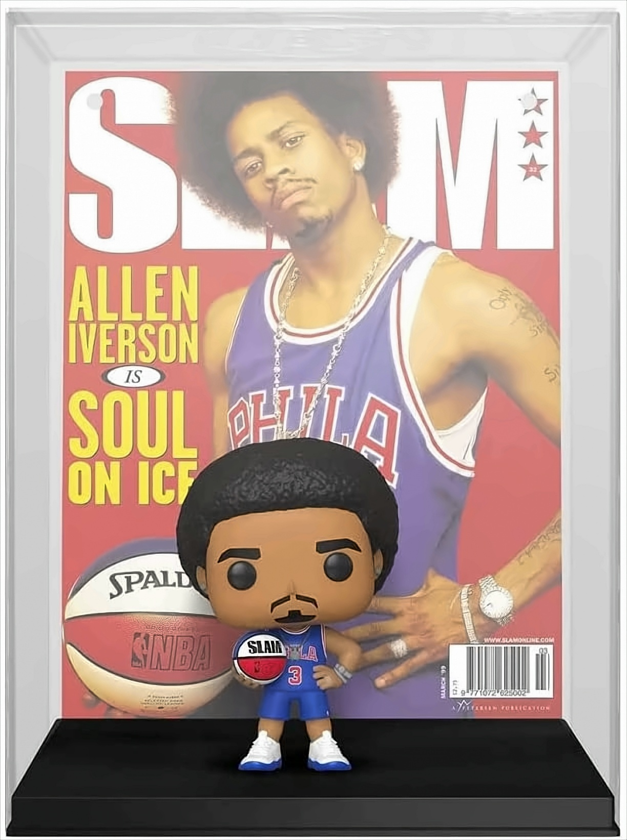 Eine Funko Pop Figur von Allen Iverson, der einen Basketball hält, vor einem Magazincover mit seinem Bild.