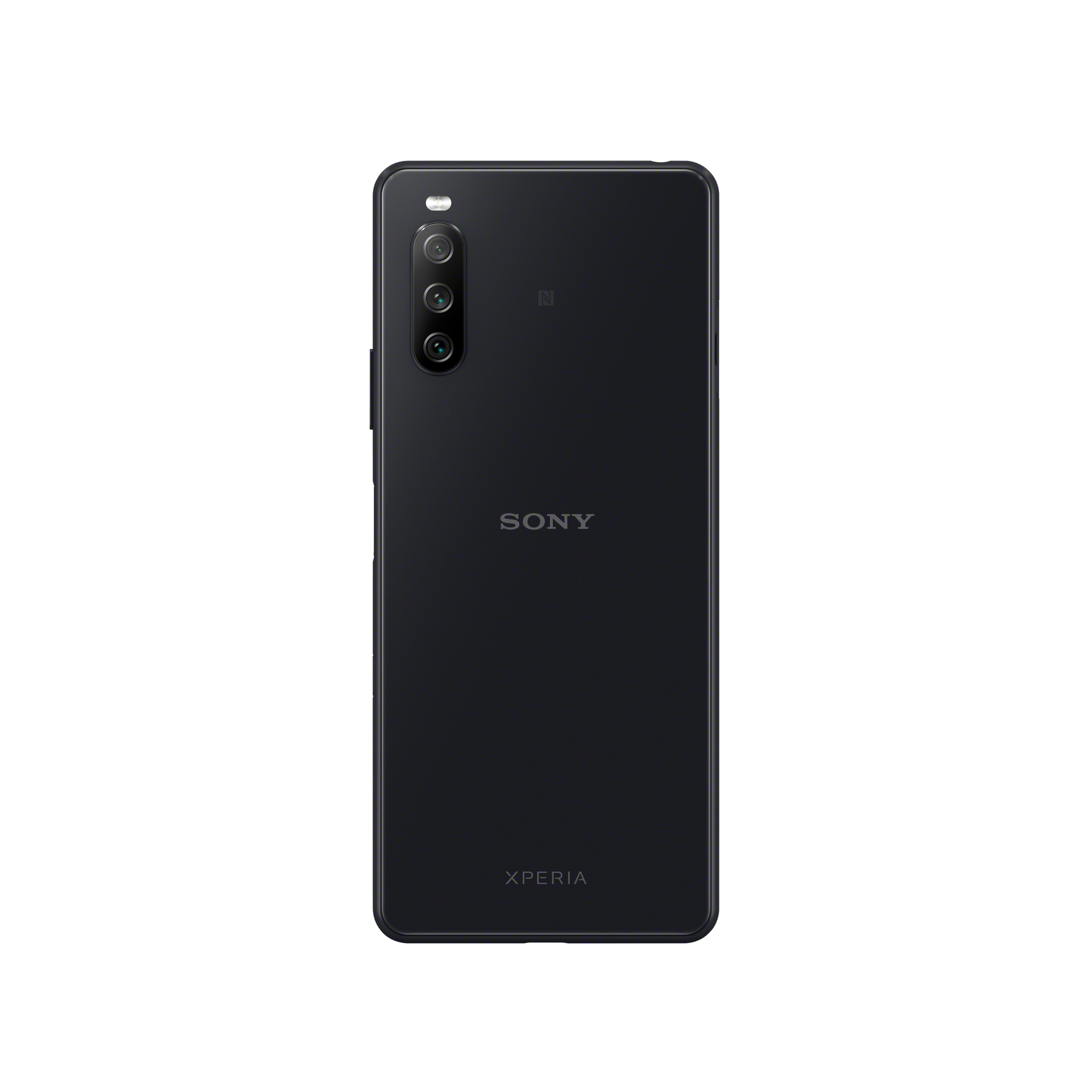 Retro di un telefono Sony Xperia nero con tripla fotocamera e logo Sony, su sfondo bianco.