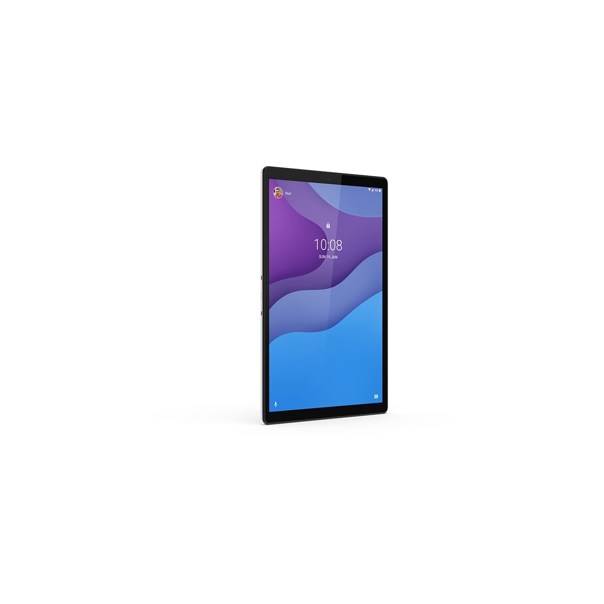 Ein Tablet im Hochformat. Der Bildschirm zeigt die Uhrzeit und einen lila Hintergrund.