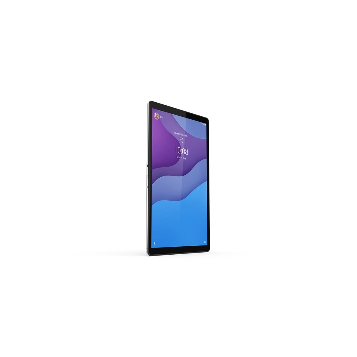 Ein Tablet mit blau-lila Bildschirm vor weißem Hintergrund.