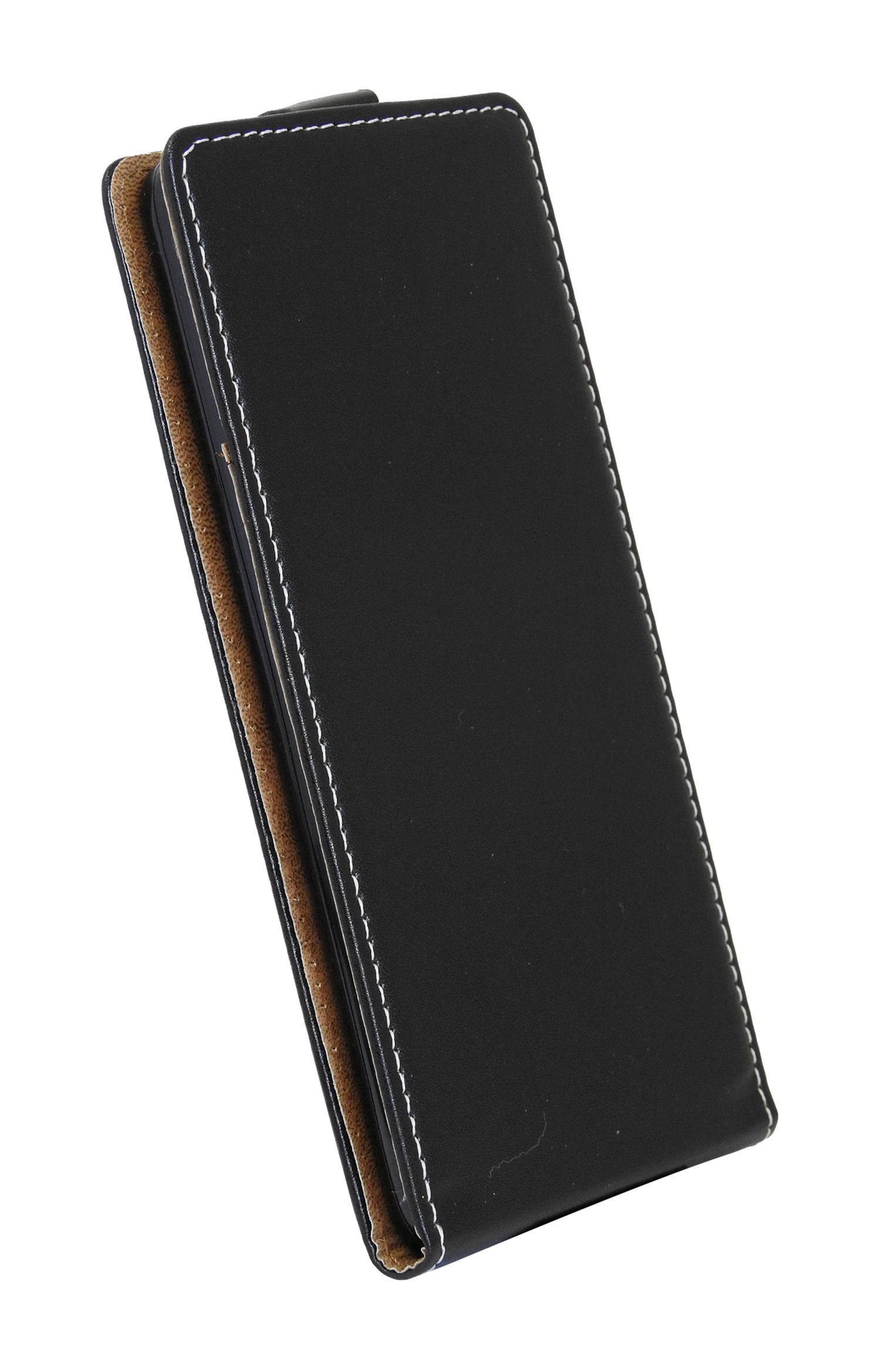 Schwarzes Handy-Case mit weißen Nähten, leicht angewinkelt. Sichtbares braunes Innere.