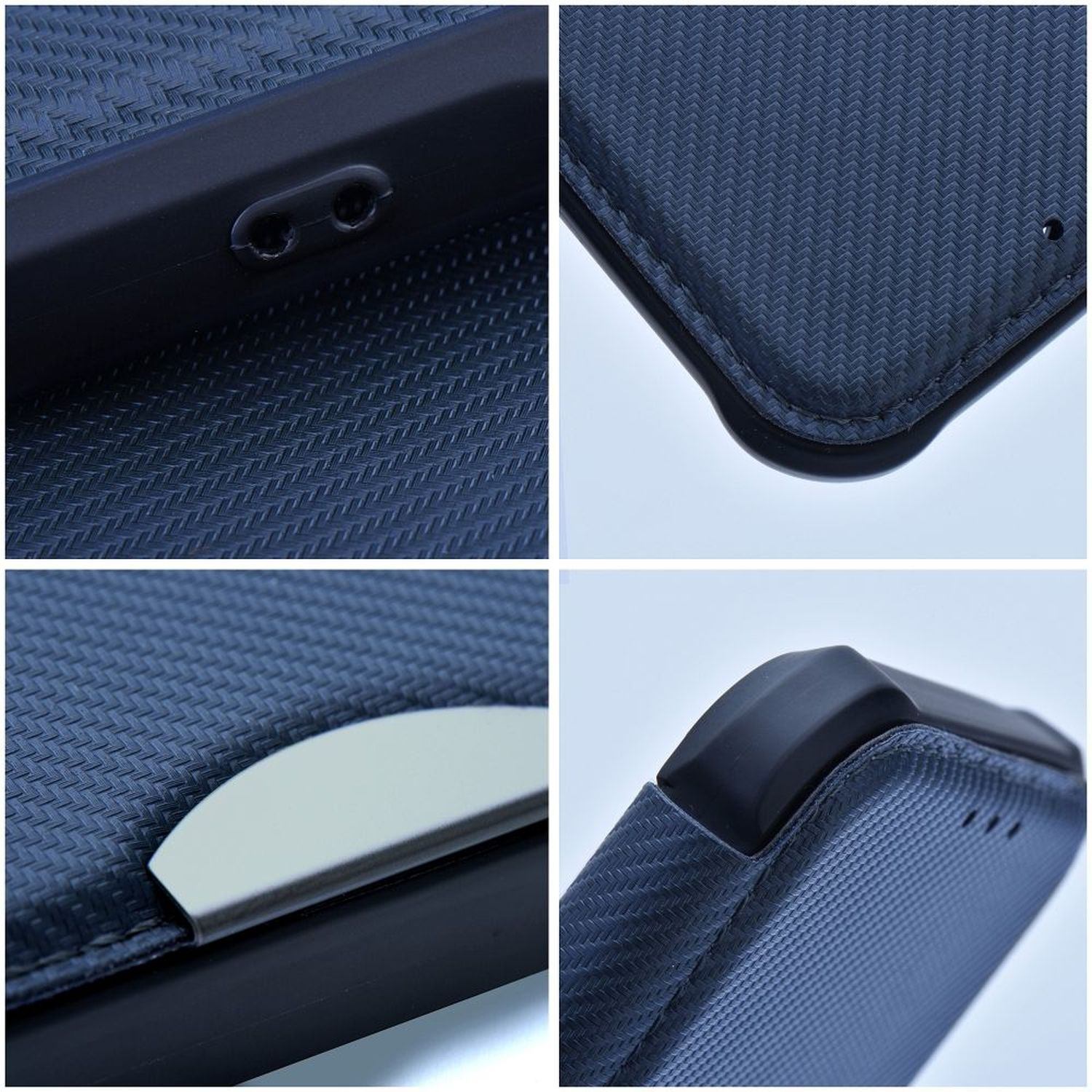 Nahaufnahme einer blauen strukturierten Oberfläche mit Muster. Details umfassen kleine Löcher und metallische Akzente.