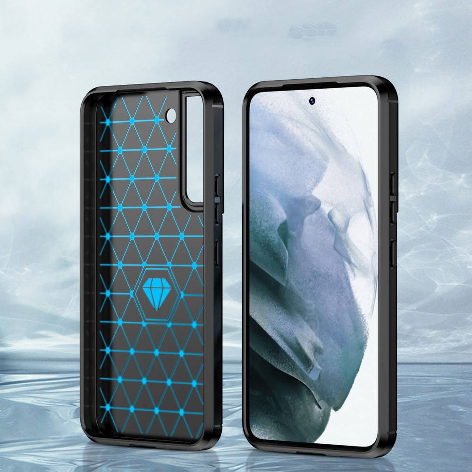 Zwei schwarze Handyhüllen. Die Rückseite einer Hülle hat ein blaues geometrisches Design. Die andere ist schlicht.