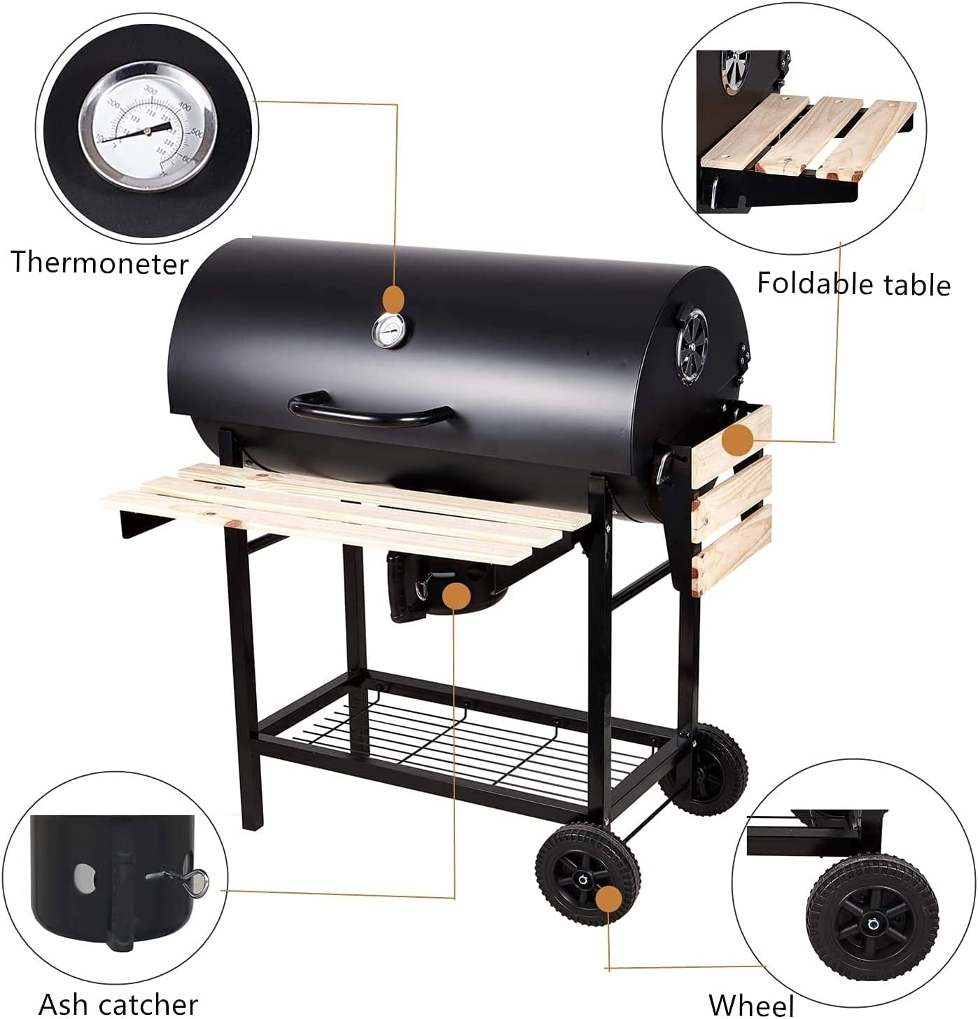 Ein schwarzer BBQ-Grill mit Thermometer, klappbarem Tisch und Aschefänger. Beschriftete Teile.