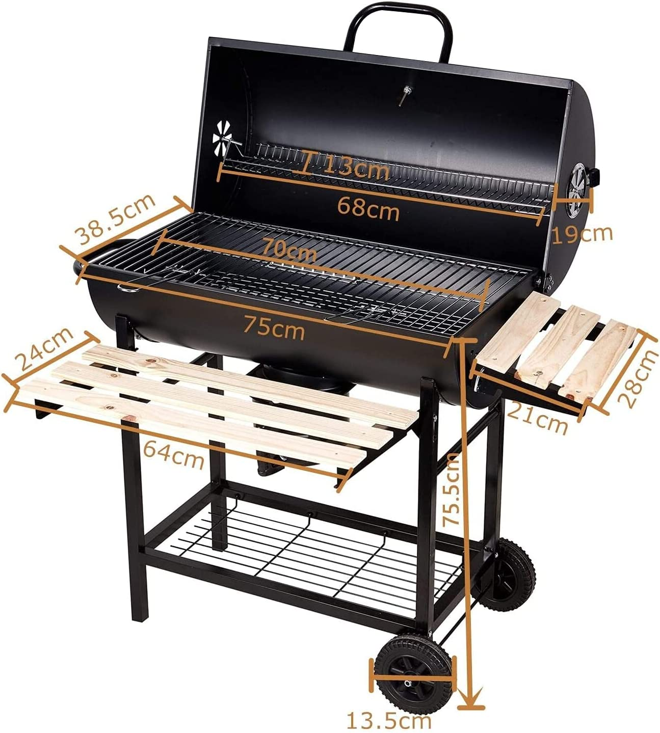Ein schwarzer Grill mit Abmessungen, einschließlich Kochfläche und Beistelltisch.