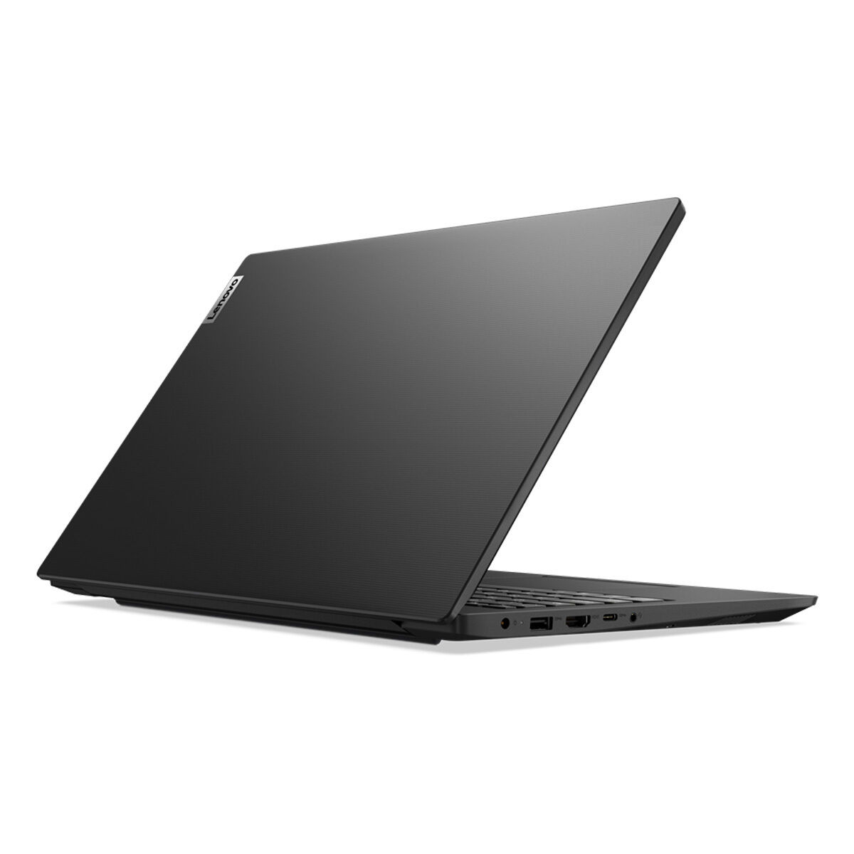Schwarzes Lenovo Laptop. Das Laptop ist geschlossen und zeigt die Rückseite mit strukturierter Oberfläche und Lenovo-Logo.
