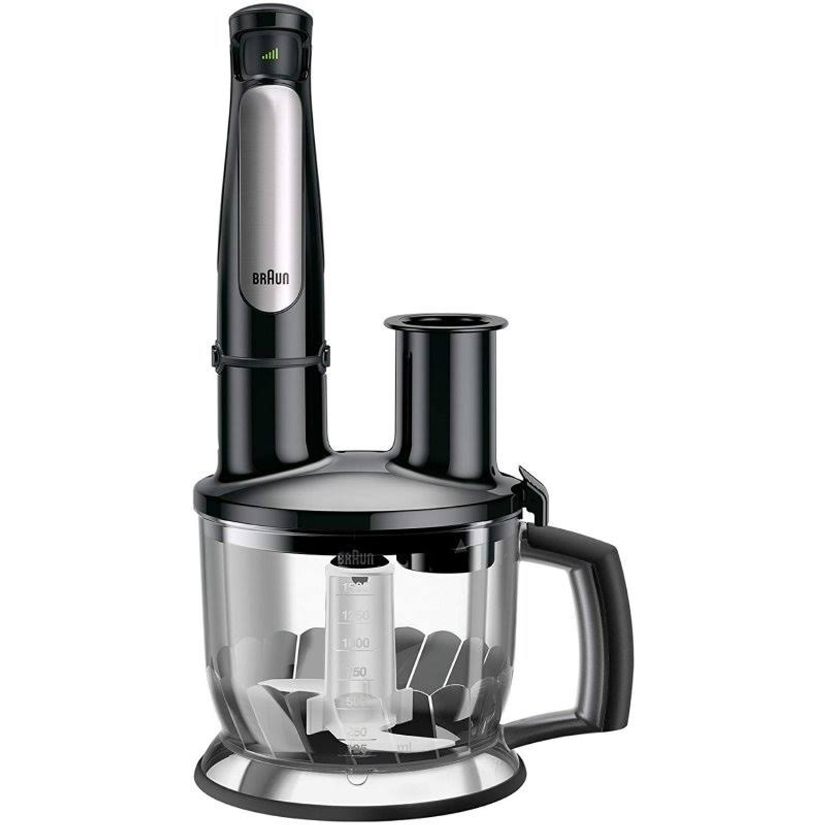 Batidora de mano Braun negra y plateada con vaso medidor. Es un electrodoméstico de cocina eléctrico.