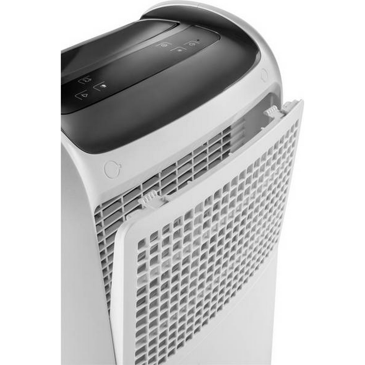 Biało-czarny oczyszczacz powietrza z otwartym panelem przednim. Ujęcie detalu.