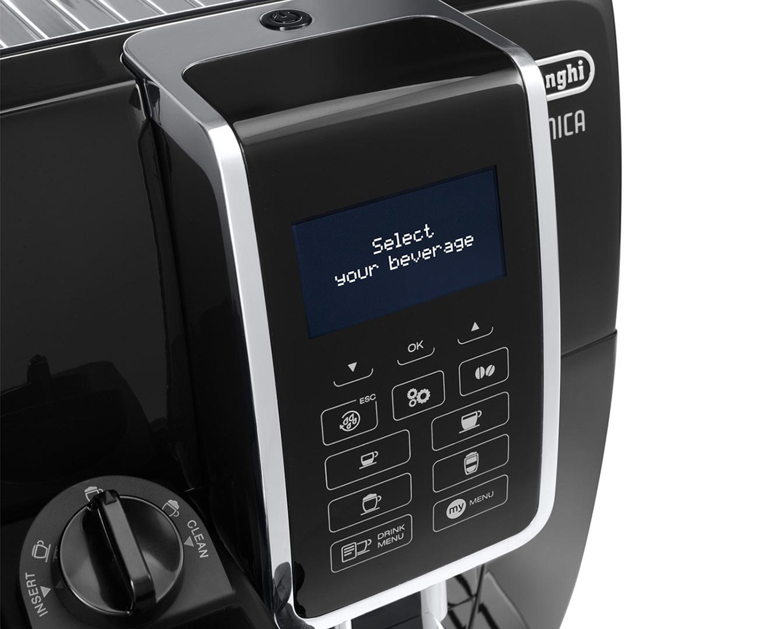 Zbliżenie interfejsu czarnego ekspresu do kawy, z przyciskami i wyświetlaczem z napisem 'Wybierz swój napój'.