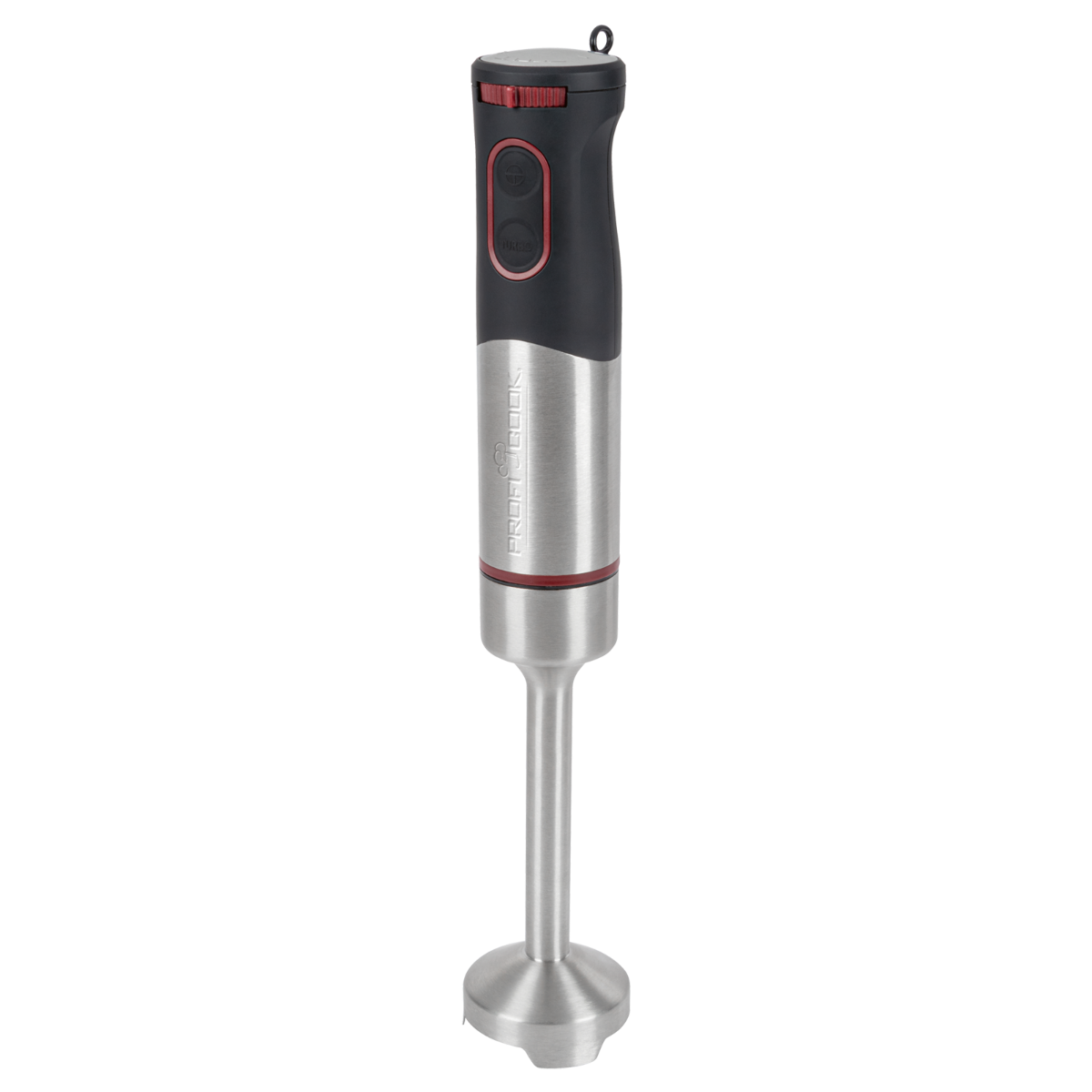 Srebrno-czarny blender ręczny Profi Cook z czerwonymi akcentami na czarnym tle.