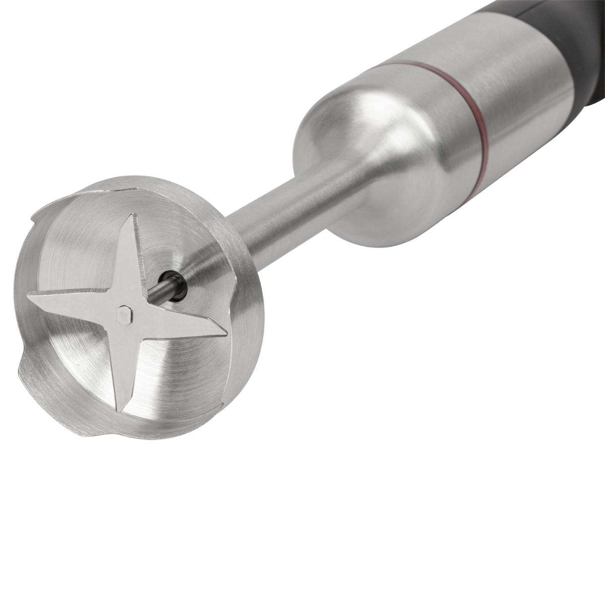 Zbliżenie srebrno-czarnego ostrza blendera ręcznego z głowicą tnącą w kształcie gwiazdy.