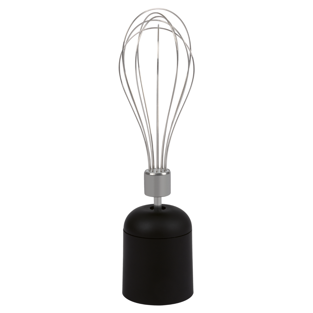 Czarna trzepaczka do jaj z czarną podstawą na czarnym tle.