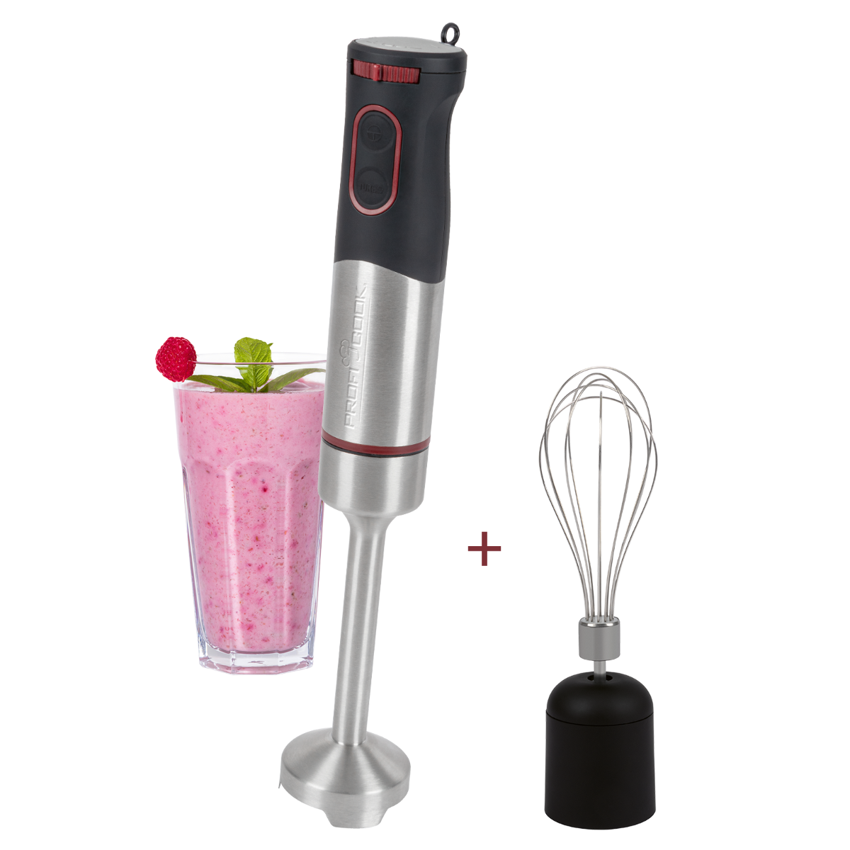 Blender zanurzeniowy ze trzepaczką i szklanką różowego smoothie. Blender jest srebrny i czarny.