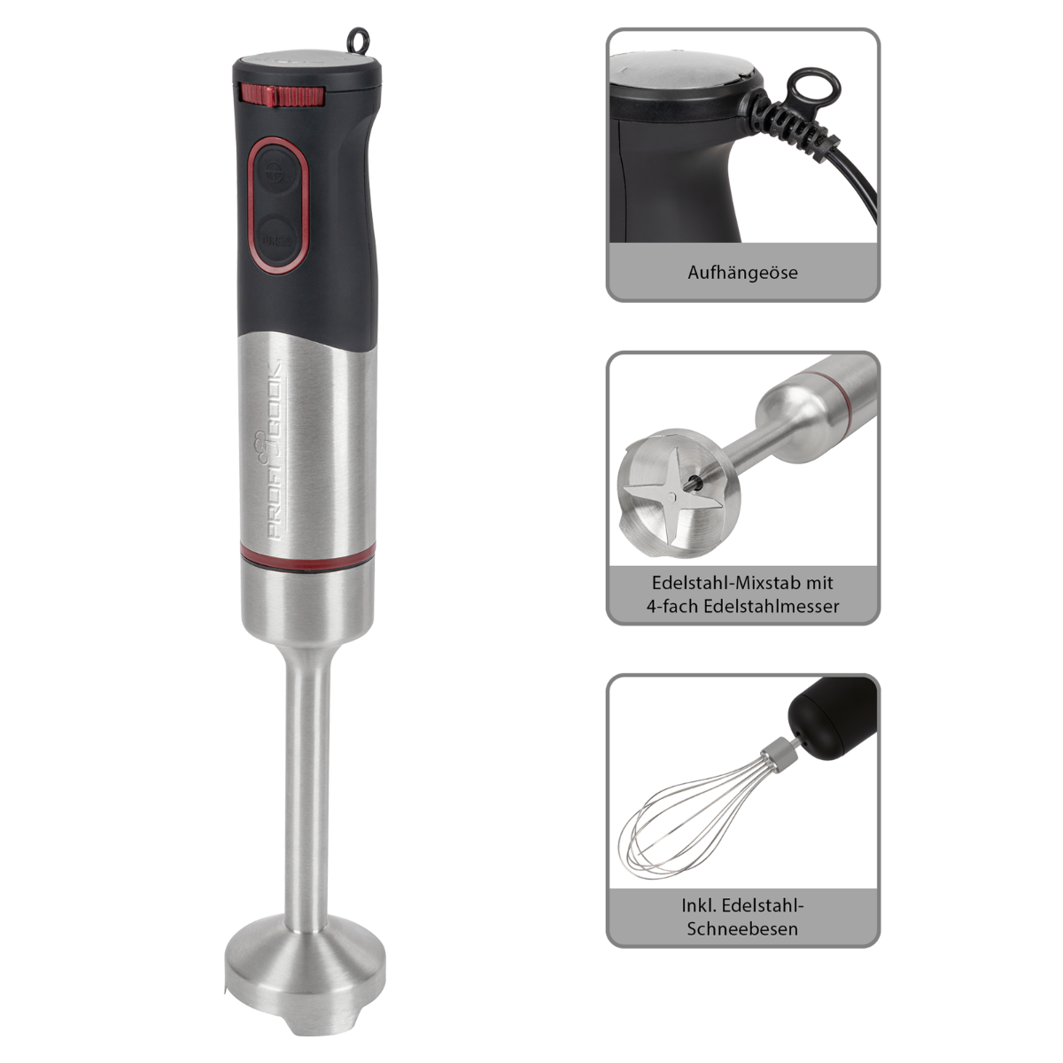 Srebrno-czarny blender ręczny z akcesoriami na czarnym tle.