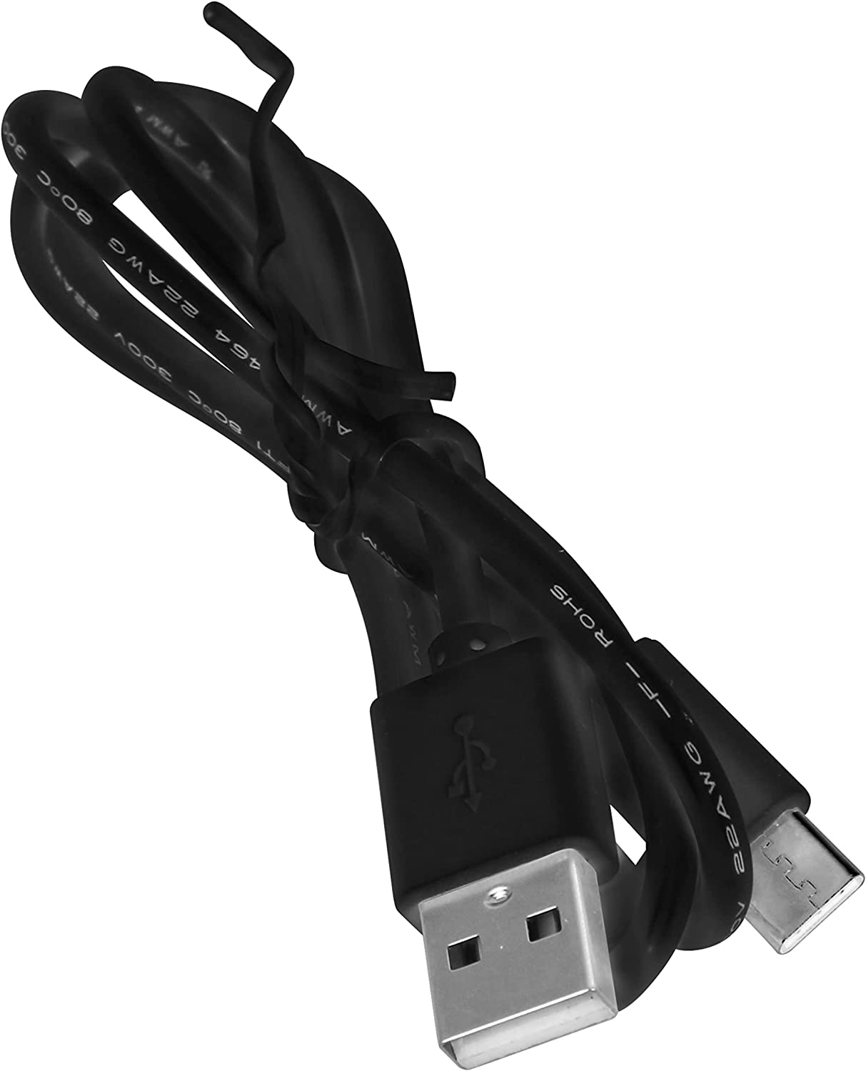 Schwarzes USB-Kabel mit USB-A- und USB-C-Anschluss, gewickelt und gebogen.