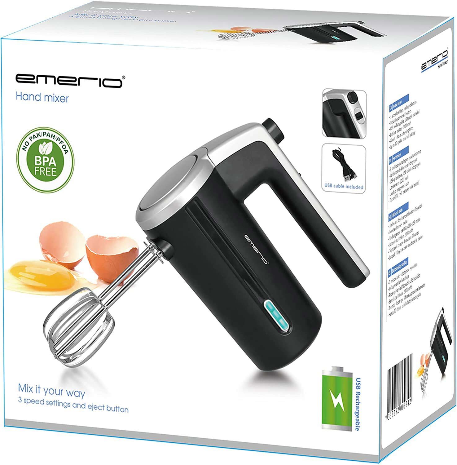Handmixer mit Eiern und Box. Schwarz und Silber, auf weißem Hintergrund.