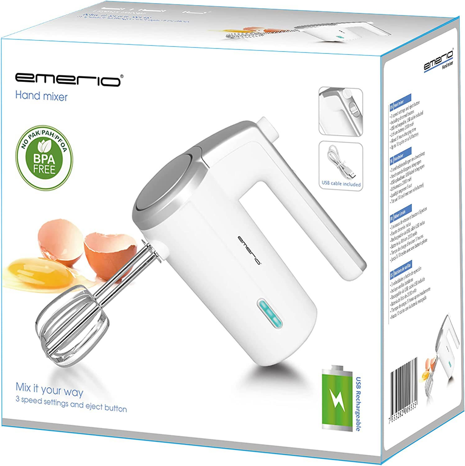 Ein weißer Handmixer in seiner Box. Die Box zeigt Eier und ein Batteriesymbol und sagt 'Handmixer'.