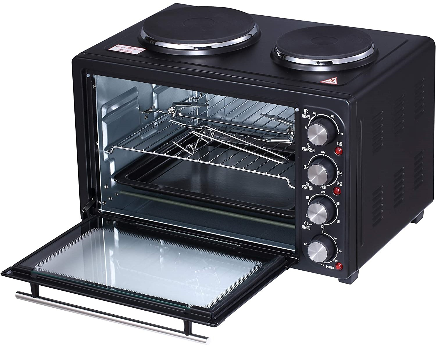 Schwarzer Mini-Backofen mit offener Tür, zeigt Innenraum und zwei Kochfelder.