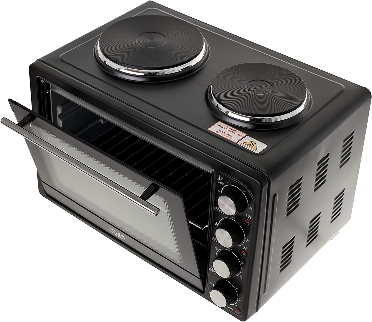 Schwarzer Mini-Ofen mit zwei Kochplatten und offener Tür.