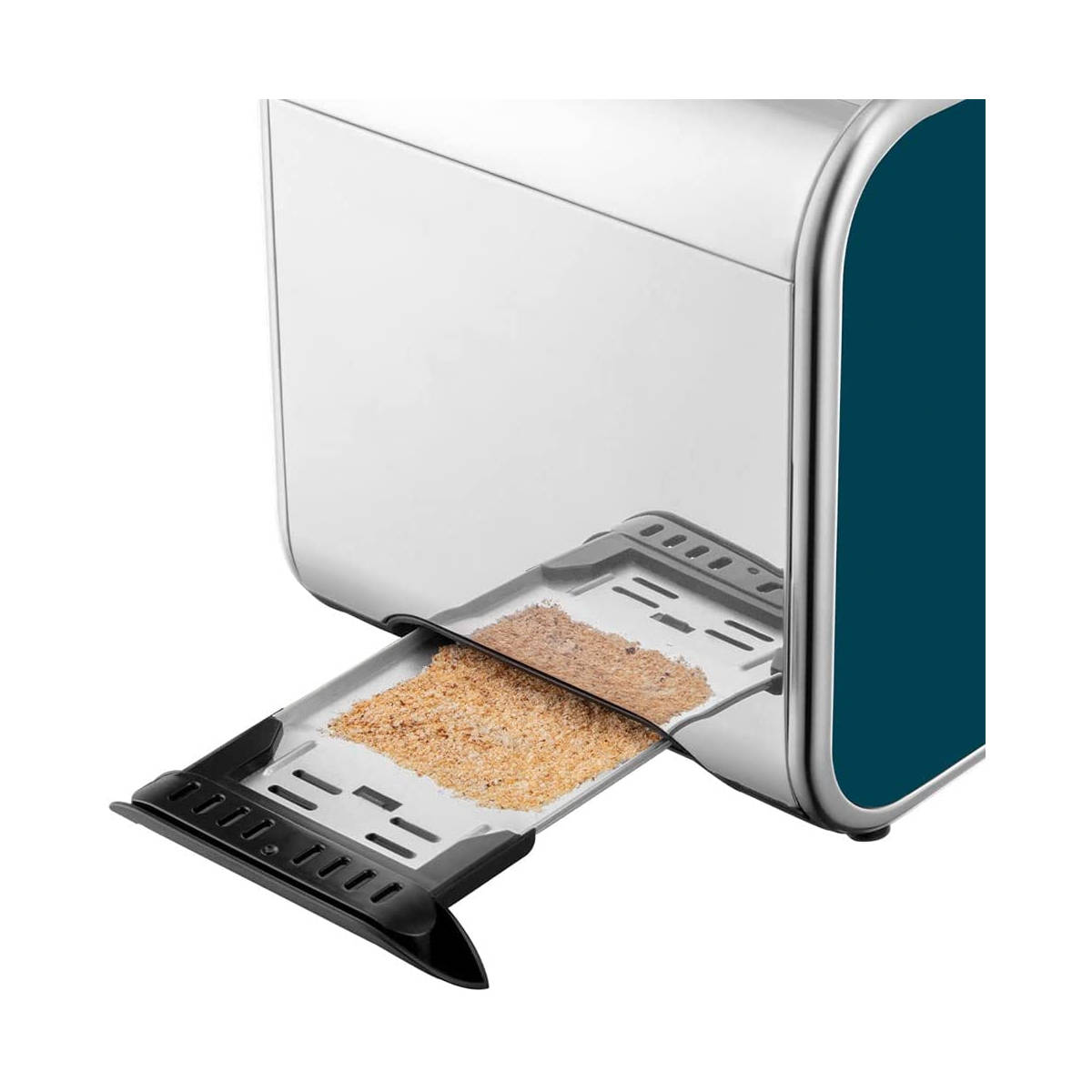 Silberner und blauer Toaster mit herausgezogener Krümelschublade.